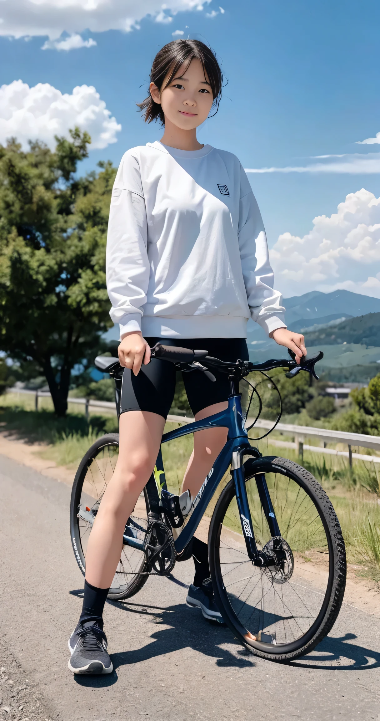 (girl, 15 years old, Same height :1.2) ,masterpiece,Mountain bike,Cycling Enthusiasts,beautiful girl,Professional attire,Blue sky and white clouds,8k, Japanese girl , (smile:0.7), smile, Very short hair , Camel Toe, (High color saturation:1.0), (Very detailedな肌), (highest quality:1.0), (Ultra-high resolution:1.0) ,(Realistic:1.0), (Very detailed:1.0), (8k, RAW Photos:1.1)