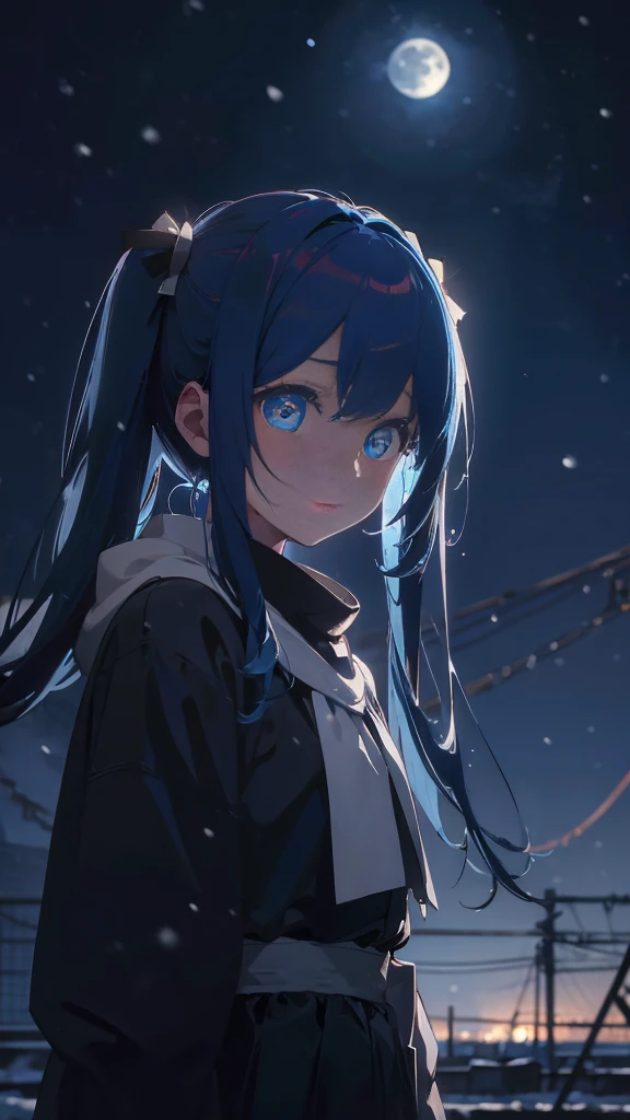 (masterpiece、highest quality)、1 girl ,Grim expression、hatsunemiku,Warm lighting、 Blurred foreground、night、High Contrast、Twin tails,blue gem eyes,Blue Hair,night,snowing,Heavy snowfall,winter,Alone in the vast snowy field,whole body,curse,Looking at me,Huge construction,moon,whole body,shine,bright,Sad expression,whole body,sad face,Huge structures,universe,planet,Standing,Ruin,heavy snow,A world of white silver,Grim expression,tears