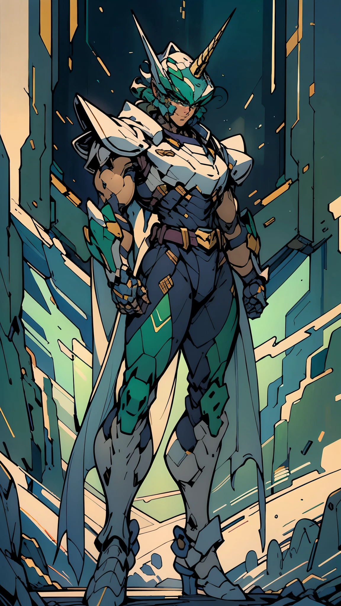 A man wearing a full-face helmet, a fantasy-style biotech armored combat suit, green eyes, (a composite layered chest armor), fully enclosed shoulder guards, matching arm and leg guards, the belt is adorned with Horseshoe-shaped marker, (the color scheme is primarily white with green accents), the design balances heavy with agility, a high-tech bio-mecha armor, (Armor Concept Inspired by Unicorn, stand on the top of a skyscraper in a futuristic sci-fi city), this character embodies a finely crafted fantasy-surreal style armored hero in anime style, exquisite and mature manga art style, (battle damage, element, plasma, energy, the armor glows), ((male:1.5)), metallic, real texture material, dramatic, high definition, best quality, highres, ultra-detailed, ultra-fine painting, extremely delicate, professional, perfect body proportions, golden ratio, anatomically correct, symmetrical face, extremely detailed eyes and face, high quality eyes, creativity, RAW photo, UHD, 32k, Natural light, cinematic lighting, masterpiece-anatomy-perfect, masterpiece:1.5