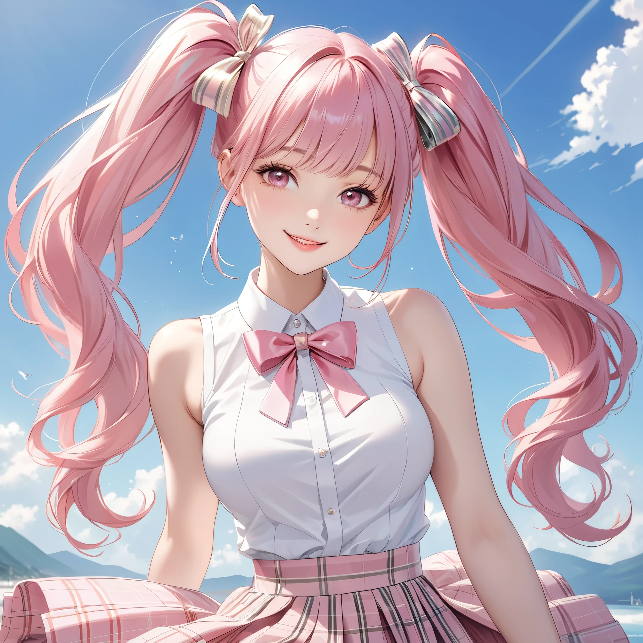 (8K, masutepiece, Highest Quality, Best Quality, Official art, Breathtaking beauty and aesthetics, A highly detailed, The best masterpiece in history that exceeds limits, Breathtaking and beautiful lighting:1.2), (1 Absolute Beautiful Girl, Solo), (), (beautiful detailed face), (shiny white skin), (beautiful detailed pink twin tails hair, Bangs:1.3), (beautiful detailed adolable drooing pink eyes:1.3), (high school uniform), (white shirt, pastel pink Tartan Plaid pleated skirt, patsel pink ribbon:1.3), (Beautiful big bust:1.3), (happy smile, Beautiful smile, Gentle smile, cute smile, innocent smile:1.2), (Attractive, amazing, Beautiful, Elegant, Luxurious, magnifica, Happy, Eye-catching, the ultimate beauty, Supreme Beauty, Superlative beauty, Elegant, Graceful, Everyone loves it, Beauty that fascinates everyone, Healed, The highest level of complete beauty, cute like an idol, Stylish like a fashion model, Goddess-like grace, Be loved, cute little, adolable), Look at the camera, cute pose, breathtaking scenery, (ultra detailed realistic Beautiful high school study, blue sky, morning:1.3),