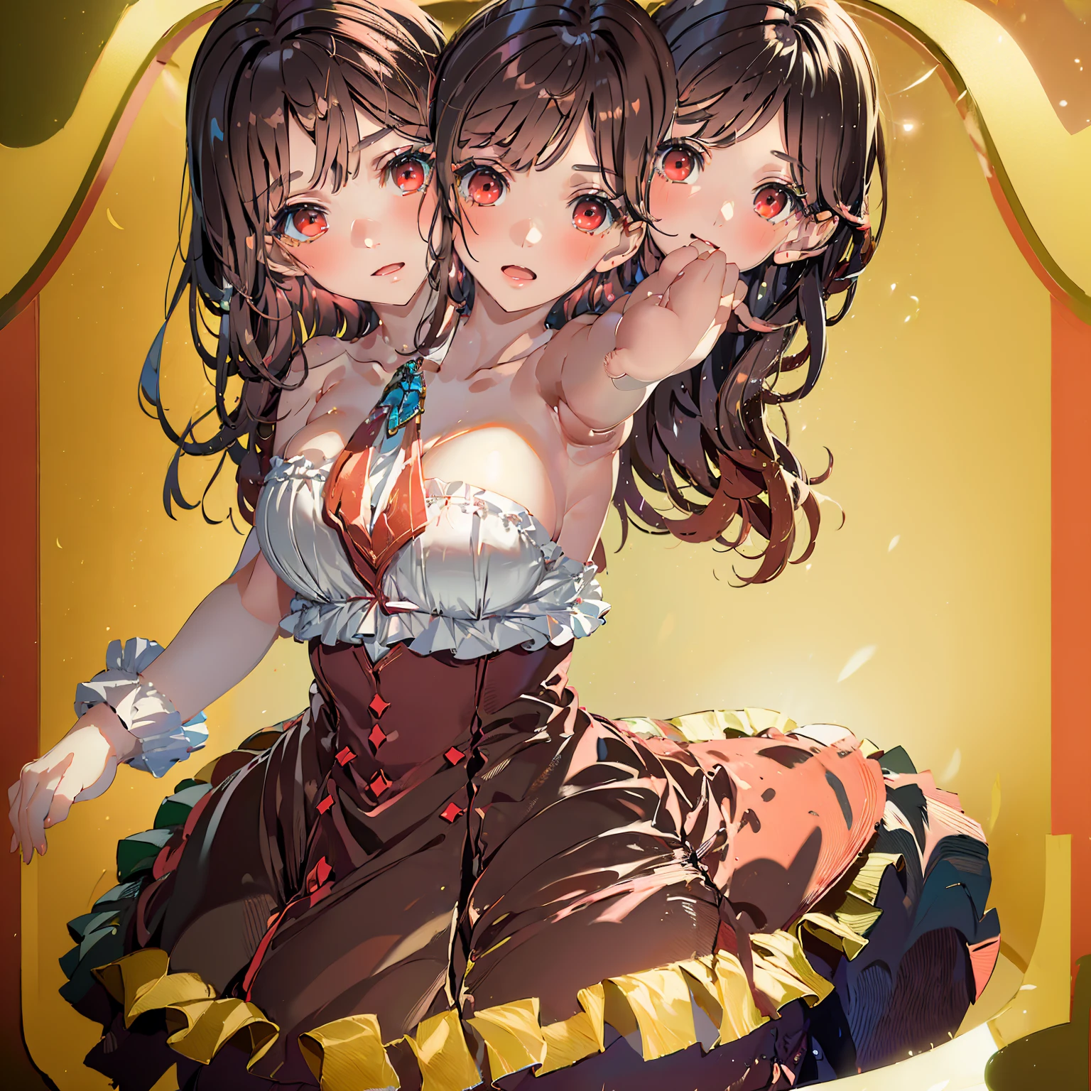 (masterpiece,best quality),best resolusion,1 girl,3heads:2.5,rae Taylor character,detailed,short brown hair,red eye,wearing a red uniform with white on the chest,wear something around your neck,wearing a long black skirt with buttons on several parts,normal breasts,simple background