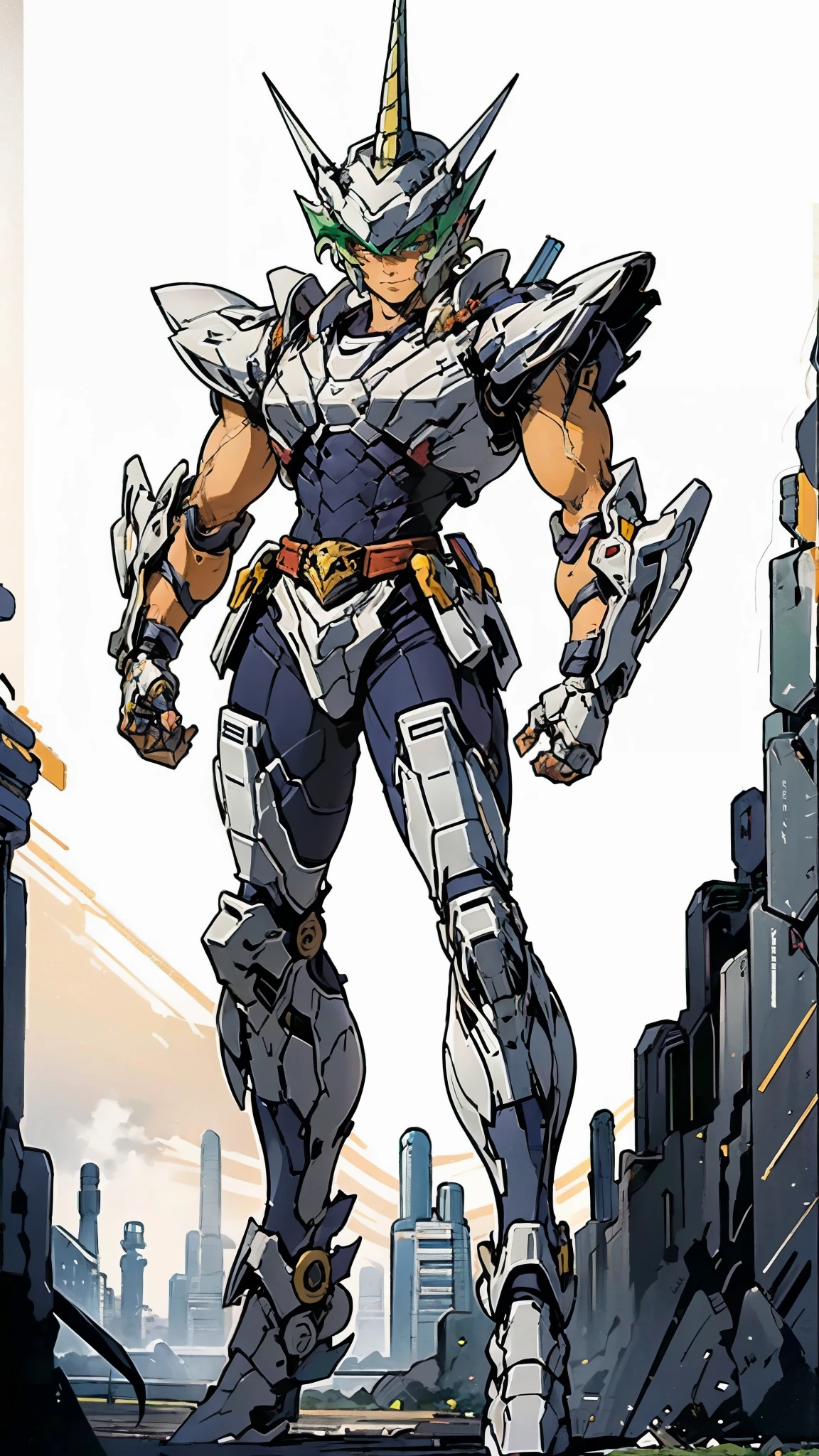 A man wearing a full-face helmet, a fantasy-style biotech armored combat suit, green eyes, (a composite layered chest armor), fully enclosed shoulder guards, matching arm and leg guards, the belt is adorned with Horseshoe-shaped marker, (the color scheme is primarily white with green accents), the design balances heavy with agility, a high-tech bio-mecha armor, (Armor Concept Inspired by Unicorn, stand on the top of a skyscraper in a futuristic sci-fi city), this character embodies a finely crafted fantasy-surreal style armored hero in anime style, exquisite and mature manga art style, (battle damage, element, plasma, energy, the armor glows), ((male:1.5)), metallic, real texture material, dramatic, high definition, best quality, highres, ultra-detailed, ultra-fine painting, extremely delicate, professional, perfect body proportions, golden ratio, anatomically correct, symmetrical face, extremely detailed eyes and face, high quality eyes, creativity, RAW photo, UHD, 32k, Natural light, cinematic lighting, masterpiece-anatomy-perfect, masterpiece:1.5
