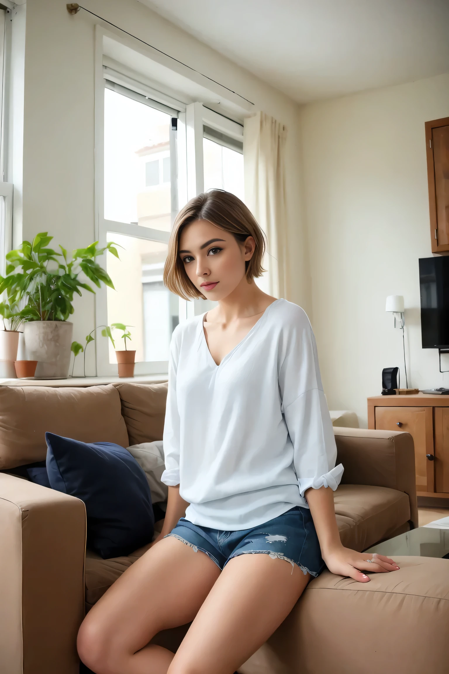 Beautiful Female Short hair,solo,Casual,living room
