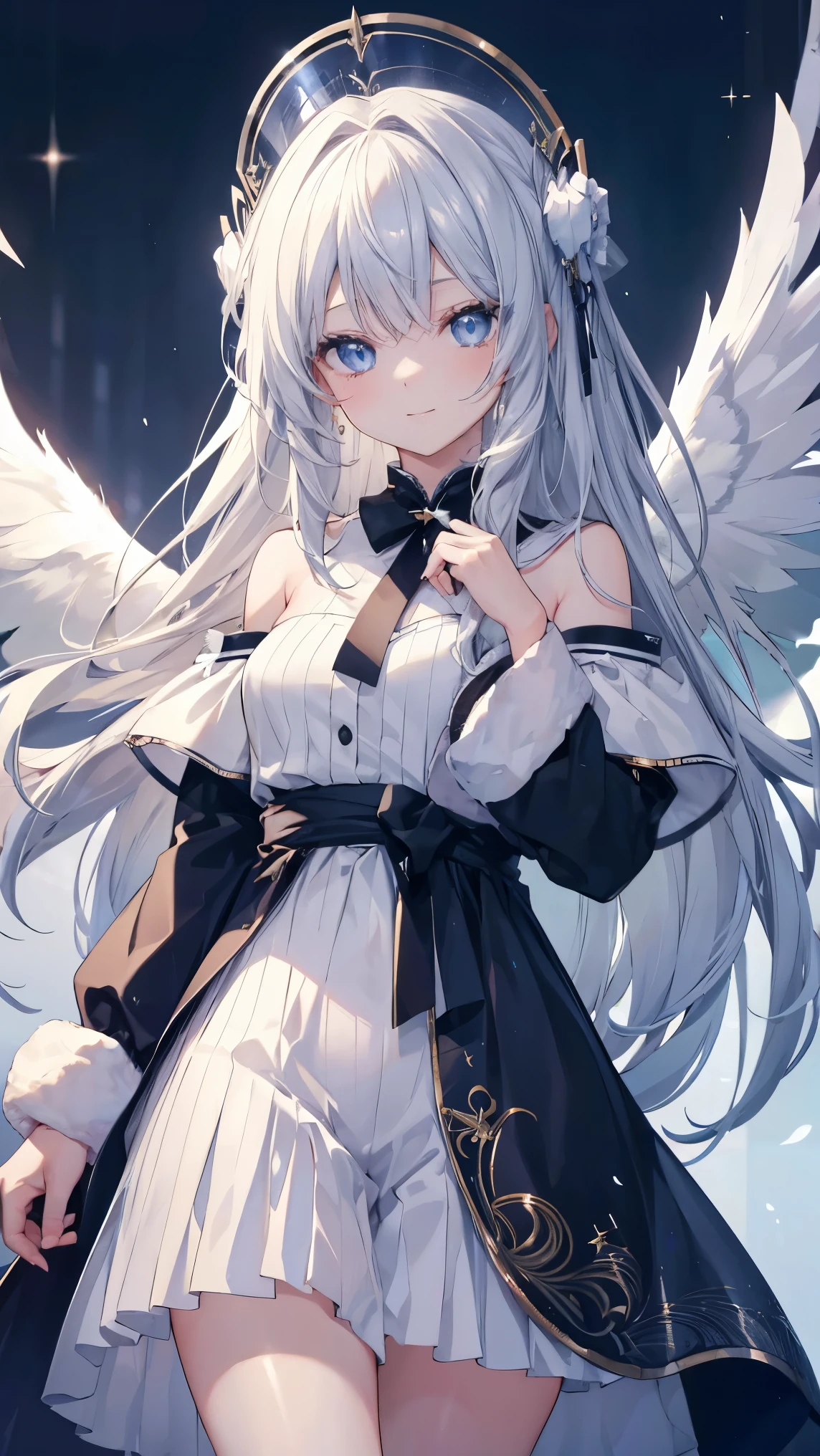 Very long hair、Silver Hair、Detailed sparkly eyes、Blue Eyes、Three pairs of angel wings、smile、Embarrassing、緊張したsmile、anime、Motion Blur、shine、reflected light、Film Grain、masterpiece、Textured Skin、Super Detail、High Detail、high quality、最high quality、High Resolution、16k、shine、naked、Belly button、Shoulder