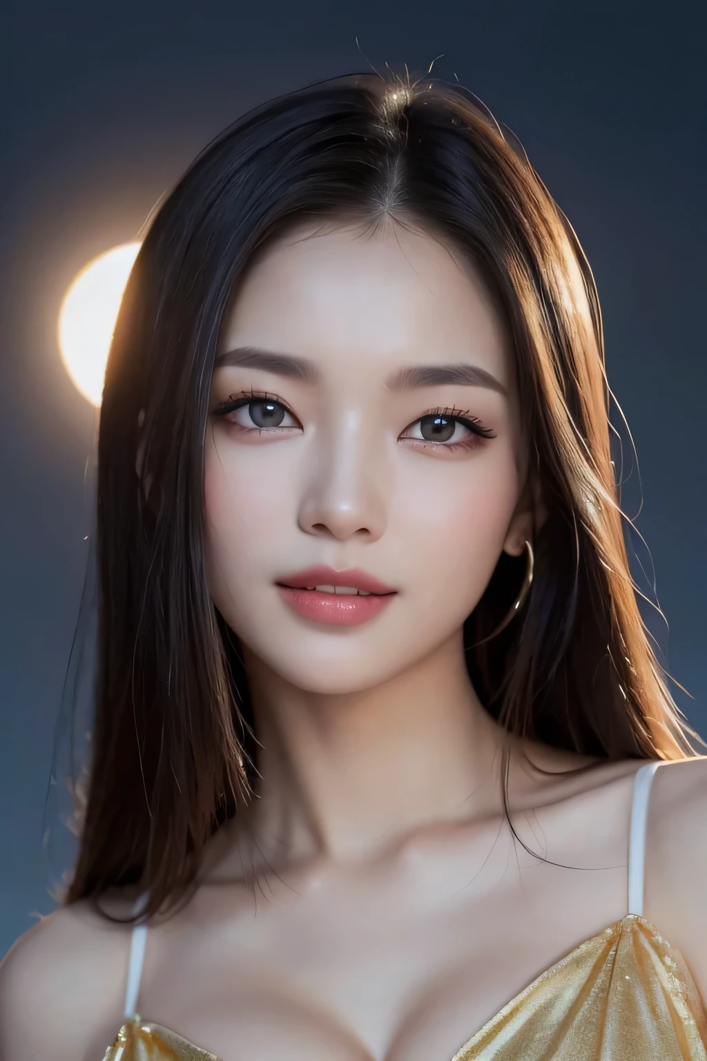 Body portrait, 8K, thin and beautiful eyes, Dindal effect, masterpiece, top quality, high quality, high resolution, very detailed photo, (natural skin texture, fine skin, hyper realism, super sharpness), high detail skin, (very fine, fine skin texture, intricate details, beautiful face, (realistic face), realistic eyes, beautifully detailed eyes, realistic skin, beautiful skin, surreal, very detailed Golden ratio, smiling eyes, ((night moonlight background) )), body portrait, G cup, big breasts, huge breasts, big breasts, glamorous, sexy knit dress,