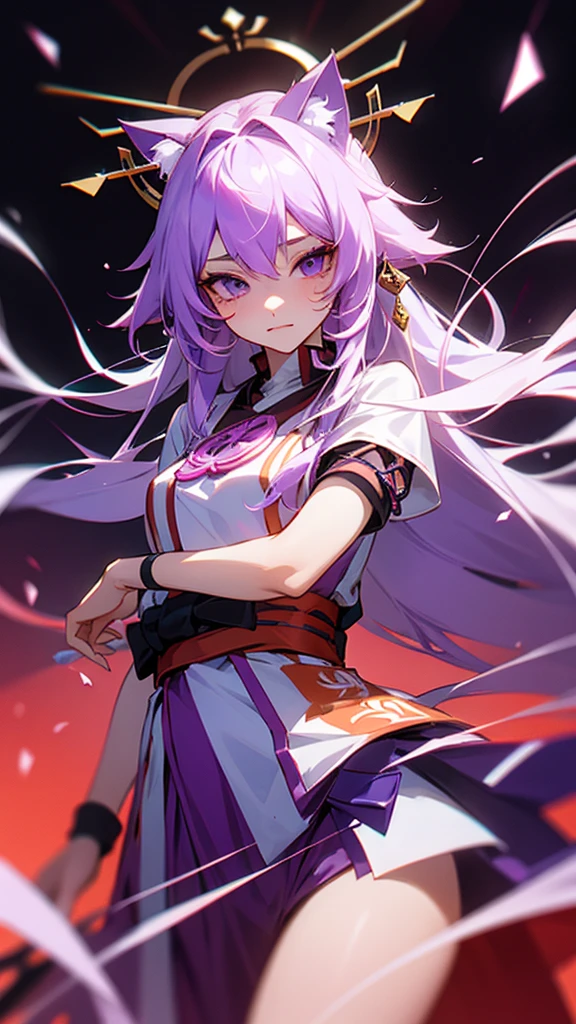 highest quality　Neutral face　woman　I have long hair　kind　Odd Eye　one person　White and purple hair　Miko costume　beautiful girl　Cat ear　Yandere