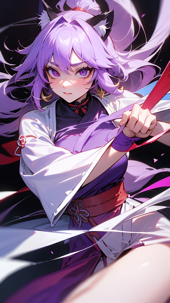 highest quality　Neutral face　woman　I have long hair　kind　Odd Eye　one person　White and purple hair　Miko costume　beautiful girl　Cat ear　Yandere