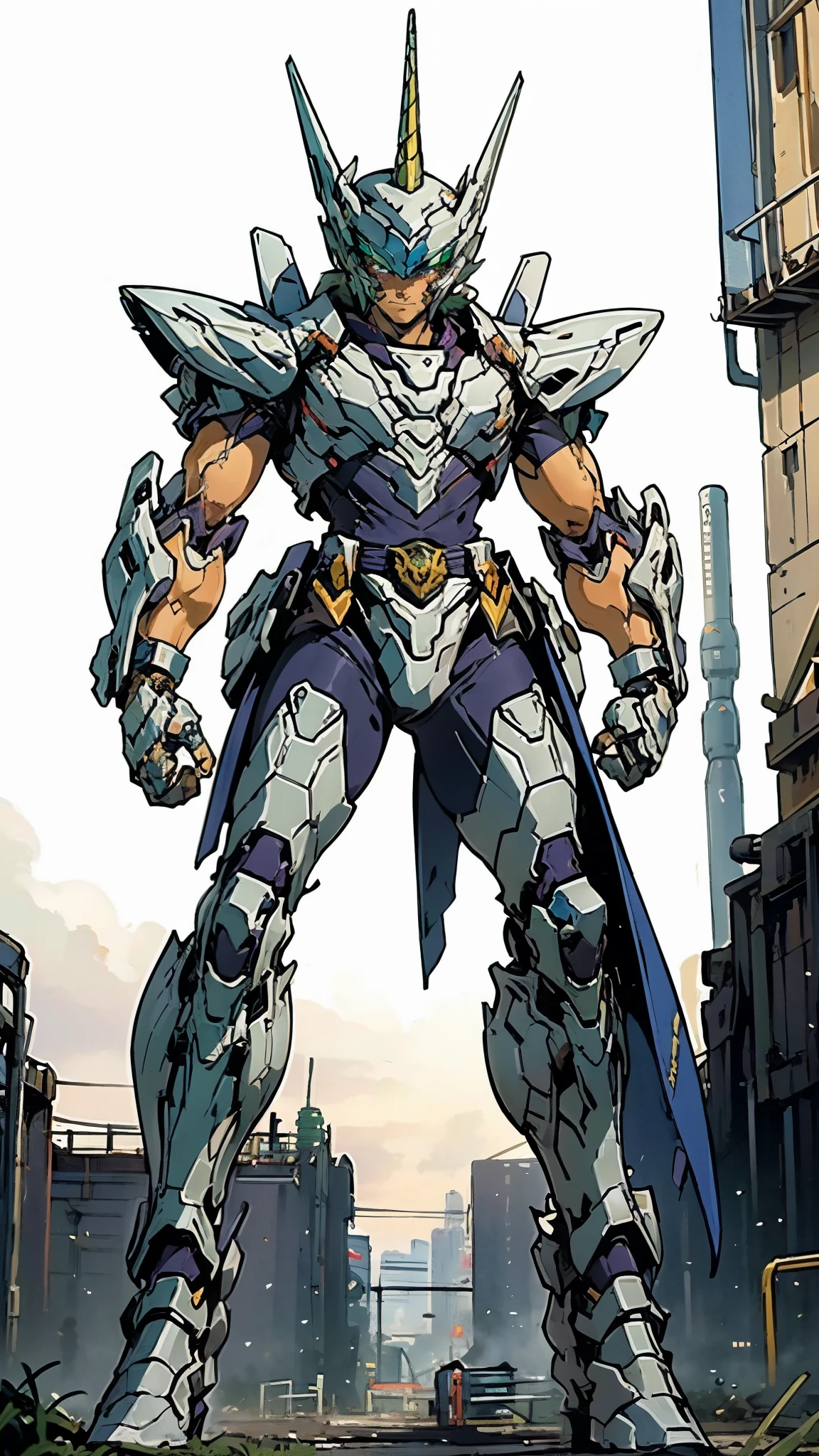 A man wearing a full-face helmet, a fantasy-style biotech armored combat suit, green eyes, (a composite layered chest armor), fully enclosed shoulder guards, matching arm and leg guards, the belt is adorned with Horseshoe-shaped marker, (the color scheme is primarily white with green accents), the design balances heavy with agility, a high-tech bio-mecha armor, (Armor Concept Inspired by Unicorn, stand on the top of a skyscraper in a futuristic sci-fi city), this character embodies a finely crafted fantasy-surreal style armored hero in anime style, exquisite and mature manga art style, (battle damage, element, plasma, energy, the armor glows), ((male:1.5)), metallic, real texture material, dramatic, high definition, best quality, highres, ultra-detailed, ultra-fine painting, extremely delicate, professional, perfect body proportions, golden ratio, anatomically correct, symmetrical face, extremely detailed eyes and face, high quality eyes, creativity, RAW photo, UHD, 32k, Natural light, cinematic lighting, masterpiece-anatomy-perfect, masterpiece:1.5