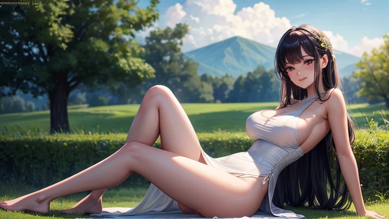 Perfect quality, 8k quality, two beautiful girls, 20 years old, perfect anatomy, in long sexy dress, sitting on the grass, with big breasts, Clear face, perfect anatomy, in panties, clear eyes, look at the viewer, Everyone is smiling, Sexual Positions, Perfect Face