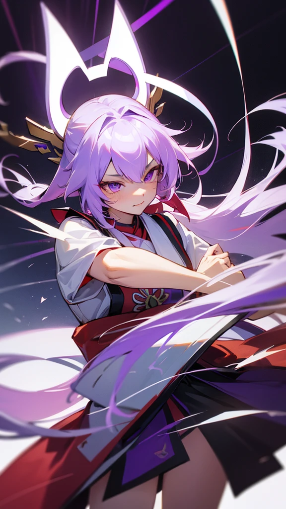 highest quality　Neutral face　woman　I have long hair　kind　Odd Eye　one person　White and purple hair　Miko costume　beautiful girl　Cat ear　Tsundere