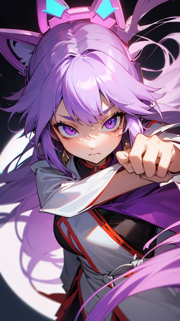 highest quality Neutral face woman I have long hair kind Odd Eye one person White and purple hair Miko costume beautiful girl Cat ear Tsundere