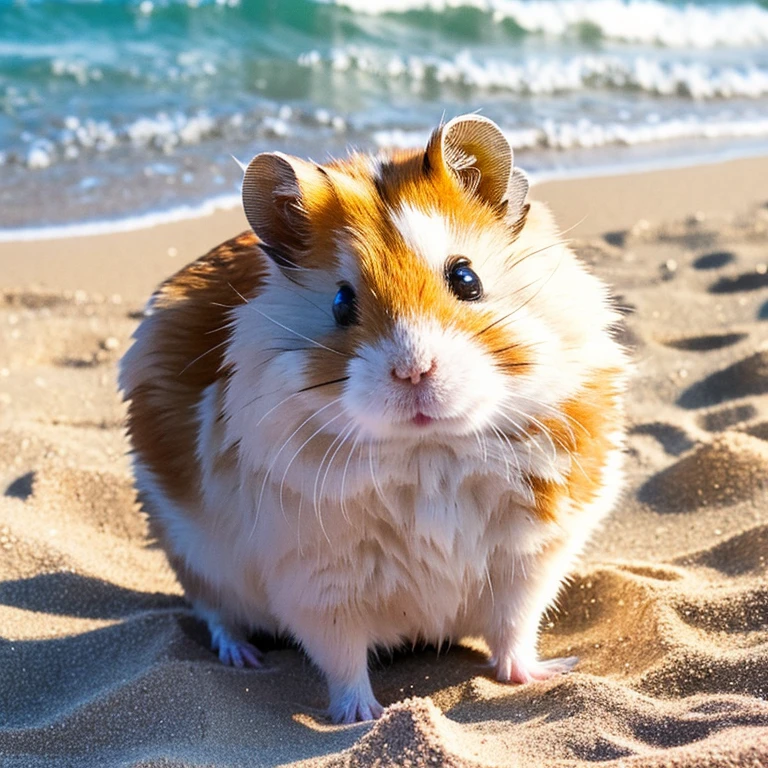 Roborovski hamster basking in the sun and digging in the sand