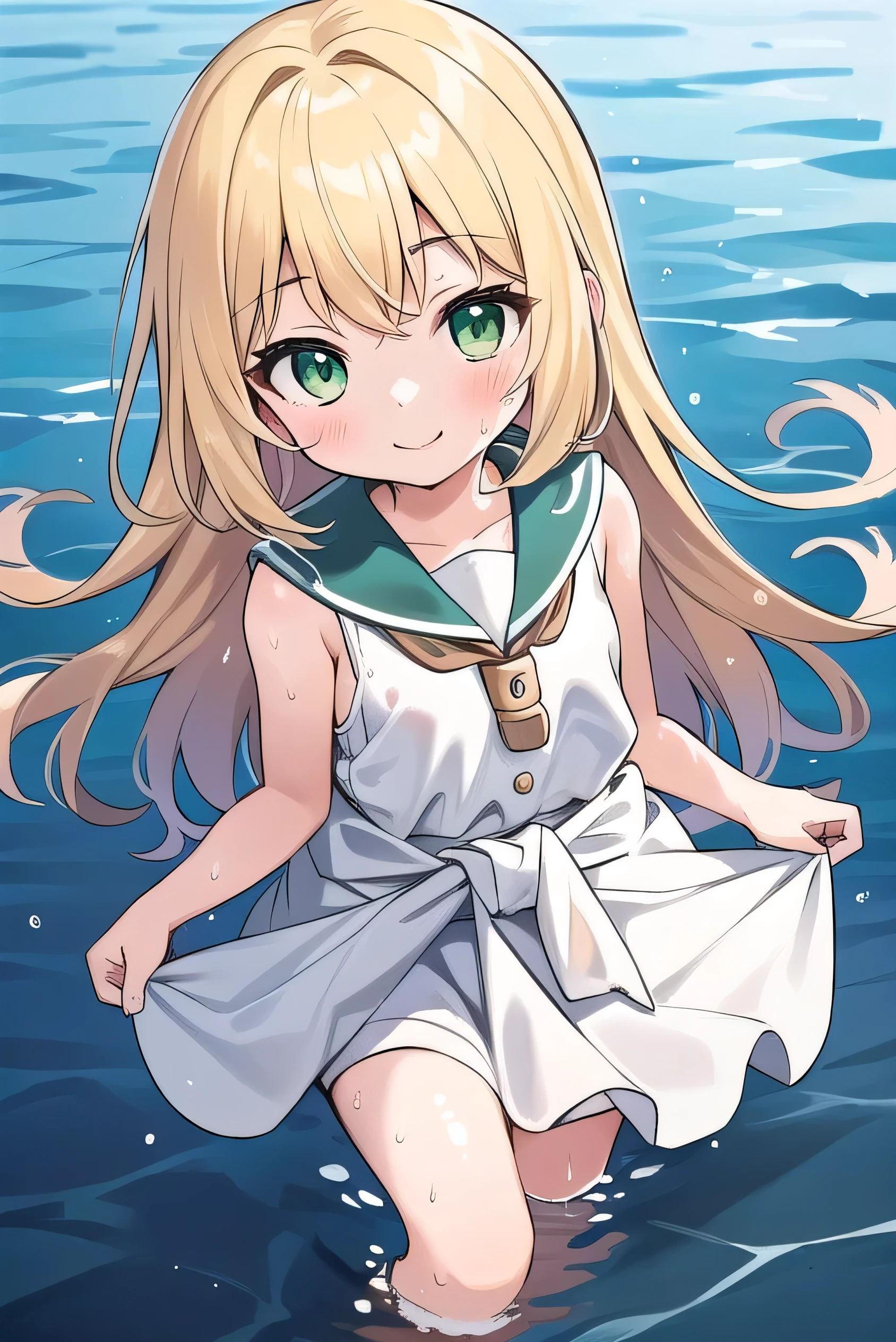 Blonde, elementary school student, green eyes, long hair to the waist, elementary school student, white clothes, white miniskirt, kind smile, park, short, 9 years old, 135cm tall, hair hanging outside, clear sea, (waist-deep sea is in:1.5)