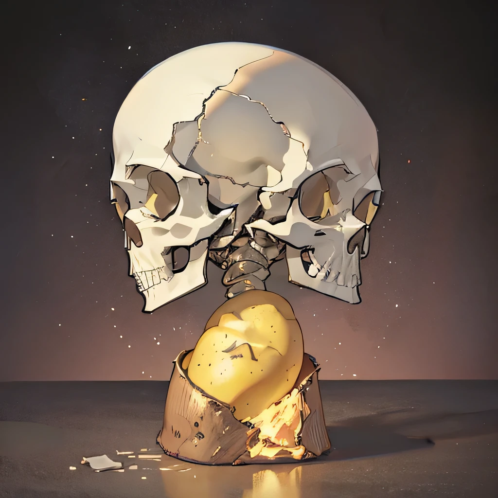 (a skull is made by (a potato)), abstract, distorted reality, Illusion, yellow-brown tone, illustration