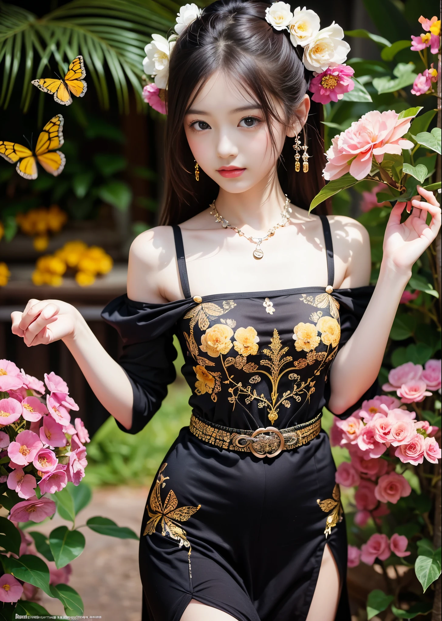 (masterpiece, highest quality, highest quality, Official Art, beautifully、aesthetic:1.2), (1 girl), Very detailed,(Fractal Art:1.3),Colorful Chinese Dresost detailed, Background with fractals and details of assorted flowers and tropical butterflies、Amazing elegance