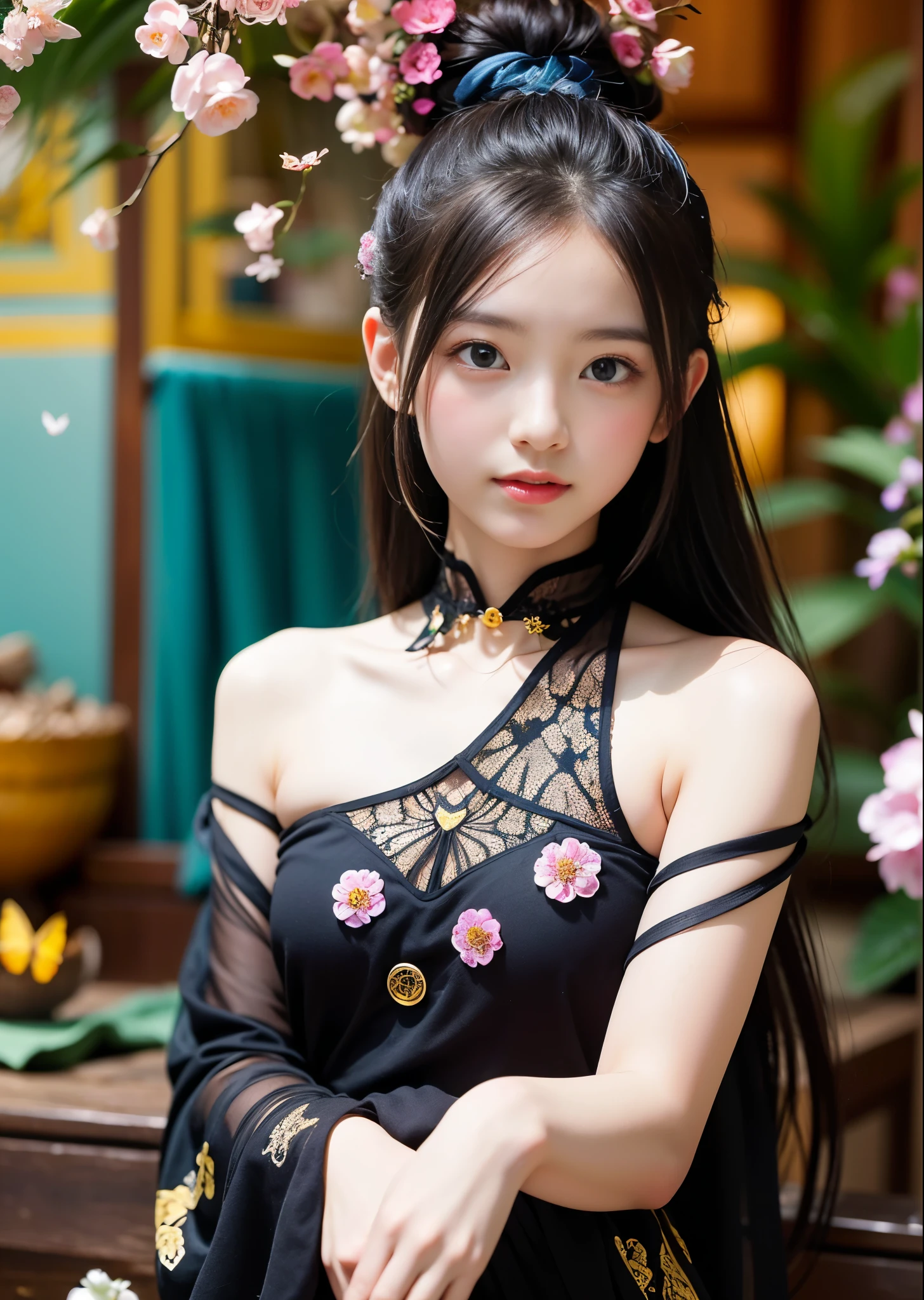 (masterpiece, highest quality, highest quality, Official Art, beautifully、aesthetic:1.2), (1 girl), Very detailed,(Fractal Art:1.3),Colorful Chinese Dresost detailed, Background with fractals and details of assorted flowers and tropical butterflies、Amazing elegance