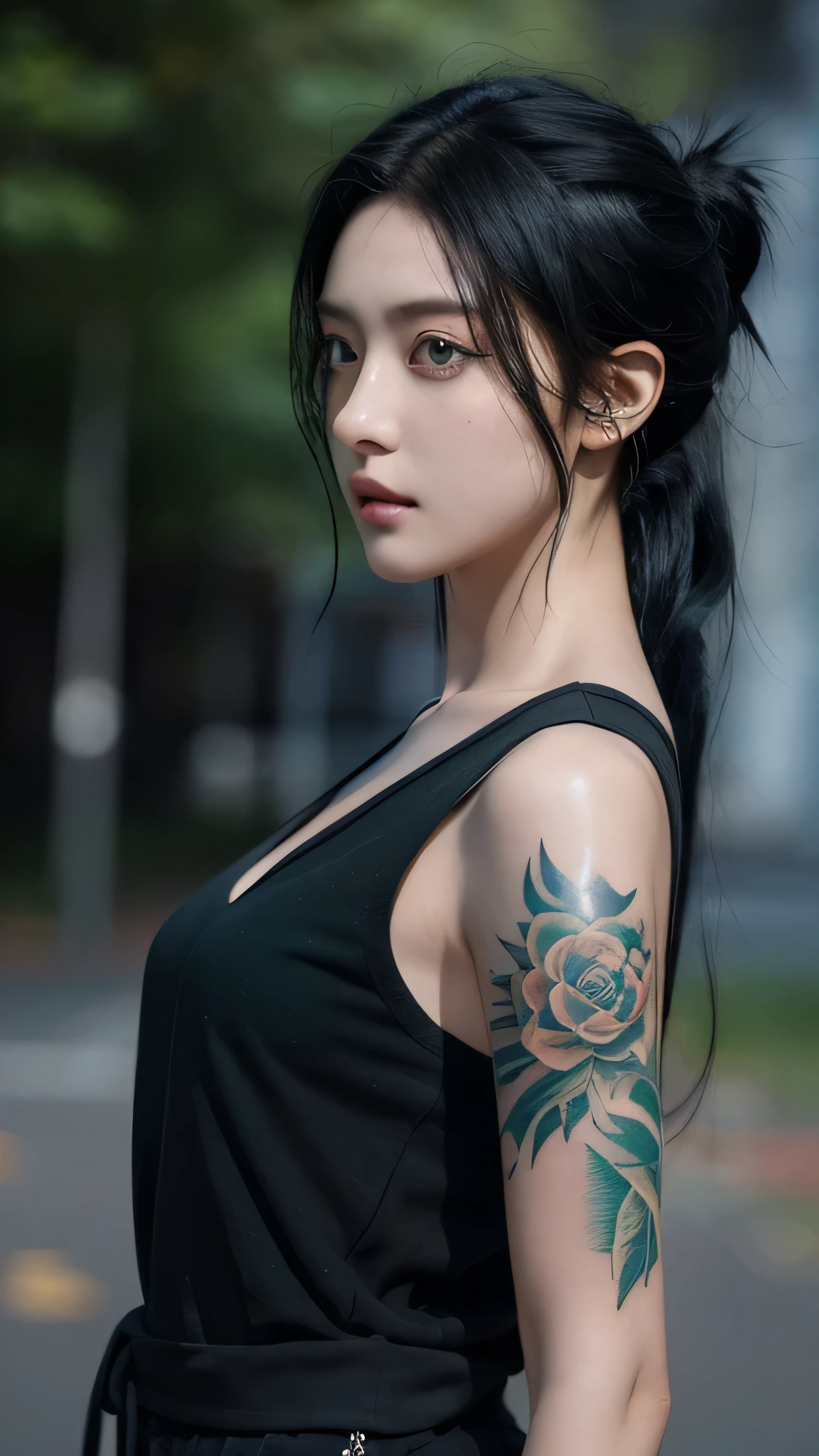side view, beautiful youthful female, survivor in a zombie apocalypse,
tattooed, perfect symmetric black eyes, long black/green hair, dressed in scavenged materials, 16K high definition, ultra high quality model, masterpiece, sharp focus, depth of field, unreal engine, perfect composition, digital art on Pixiv Fanbox, artstation, hdr