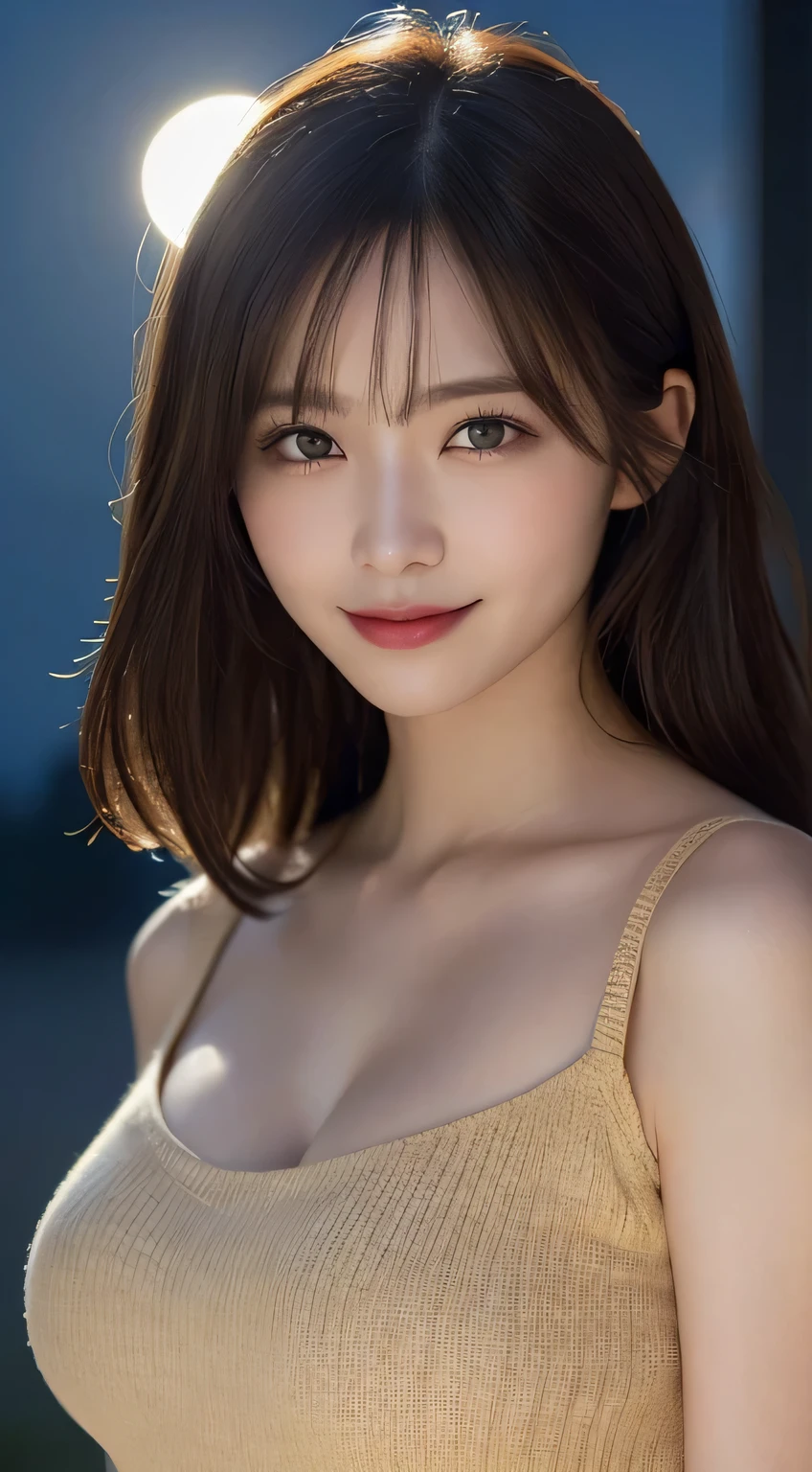 Body portrait, 8K, thin and beautiful eyes, Dindal effect, masterpiece, top quality, high quality, high resolution, very detailed photo, (natural skin texture, fine skin, hyper realism, super sharpness), high detail skin, (very fine, fine skin texture, intricate details, beautiful face, (realistic face), realistic eyes, beautifully detailed eyes, realistic skin, beautiful skin, surreal, very detailed Golden ratio, smiling eyes, ((night moonlight background) )), body portrait, G cup, big breasts, huge breasts, big breasts, glamorous, sexy knit dress,
