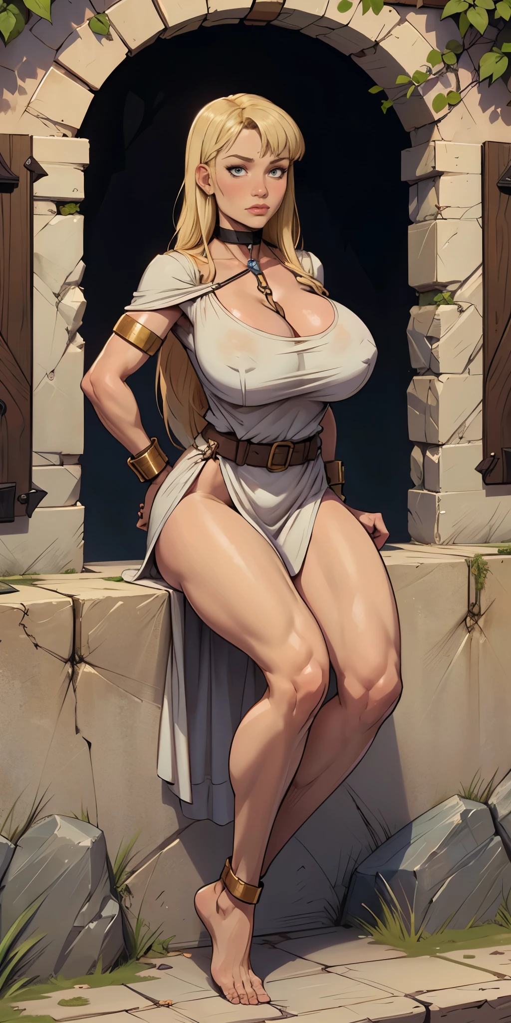 (Forrest:Face:LORA)(Curly Blonde Long Hair) full body, barefoot, solo, female, big breast, linen tunic, fantasy village, armor, Handcuffs on their hands with a collar around the neck, hands on hips, slave ((black choker, shackles on legs and arms))