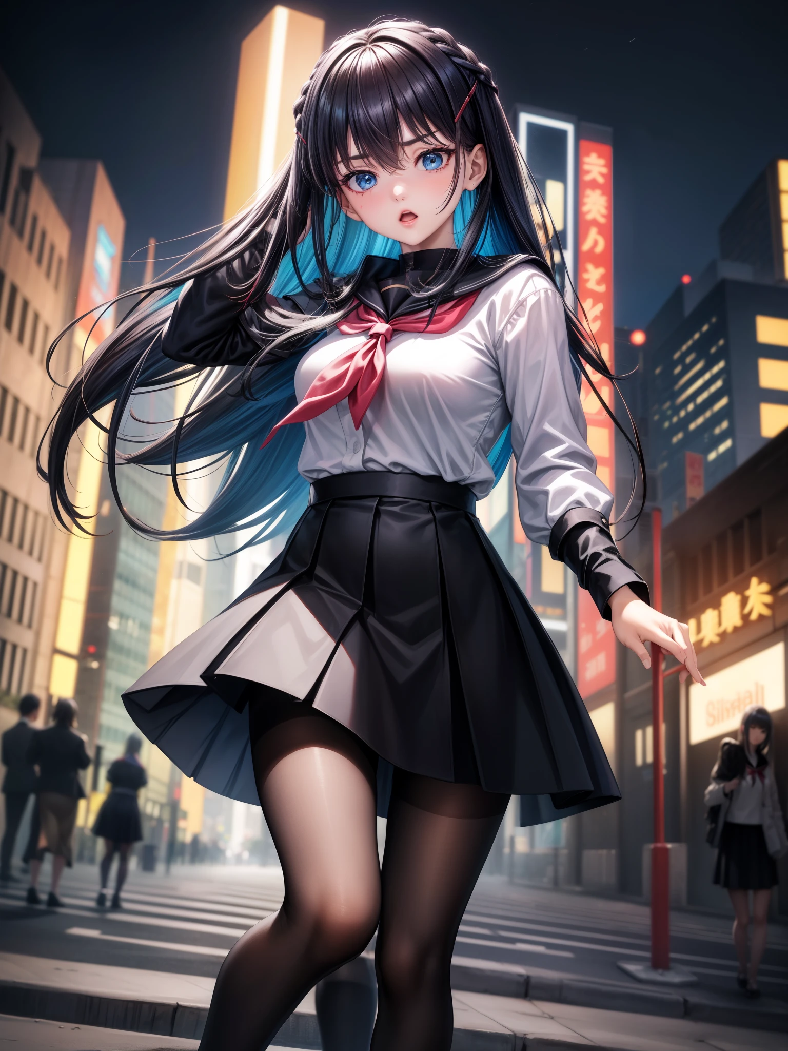 masterpiece、Best Quality、
1 Girl、   
solo, cyber punk, 白pantyhose, Sister, Multicolored Hair, Outdoor, null, , wood, blue eyes, Gray Hair, Sailor collar, neckerchief, Unite, Striped Hair, skirt, eyebrows hidden by hair, nightnull, Look at the side, scar, 黒Sailor collar, Medium Hair, 黒skirt, pantyhose, 黒Serafuku, Hair between the eyes, Long Bangs, プリーツskirt, White of the eyes, Open your mouth, Serafuku, Black Hair, night, 顔のscar, pedestrian crossing