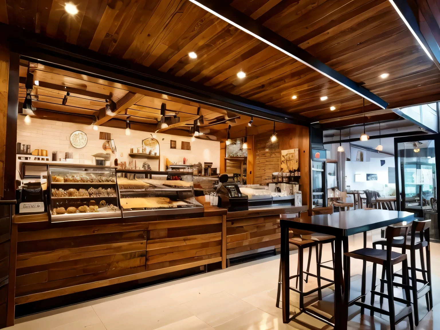 Cafe store interior、wooden、illumination、Stainless steel furniture