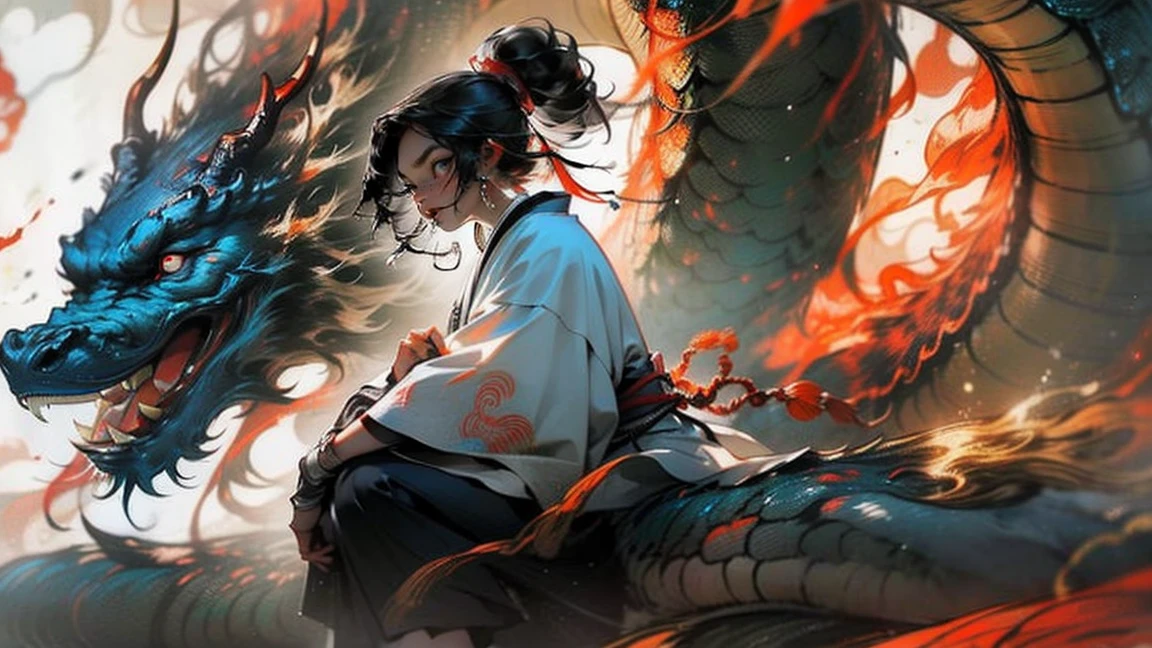 A red dragon holding a sword and a blue-haired woman, Detailed Art, A woman in a beautiful kimono with horns, Onmyoji, Japanese art style, Fox and bush, kitsune, Beautiful demon woman, Amaterasu Oomikami, by ヤン・J, Switzerland, The volcano in the background
