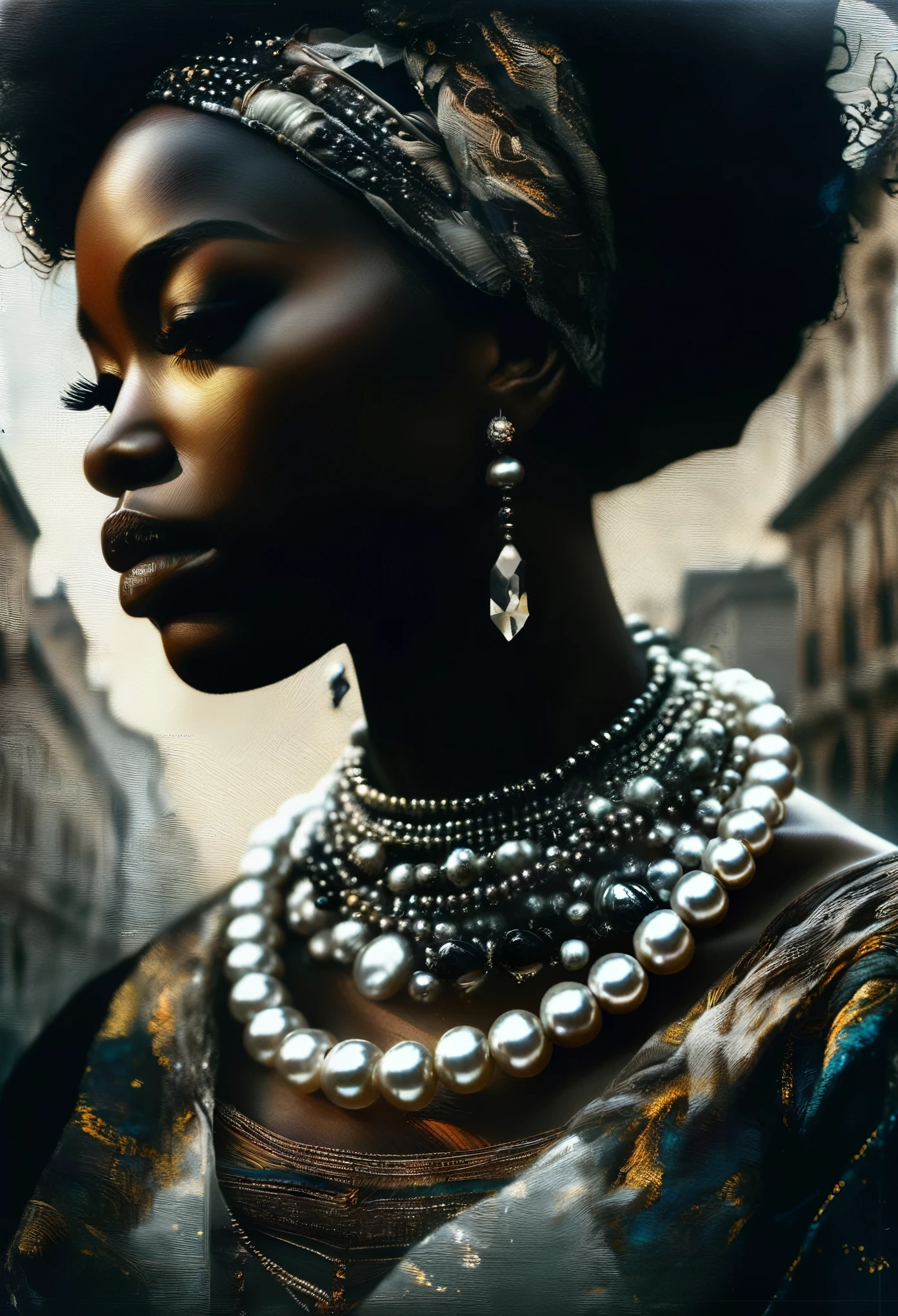 4D double exposure: portrait of the ((Transparent black woman with double exposure futuristic city streets in her head)), In the background of the city in renaissance costume, Oil Painting, 3/4 Profile view, gorgeous African designed pearl necklace, Luxurious fabrics, detailed embroidery, Moody chiaroscuro lighting, hight resolution