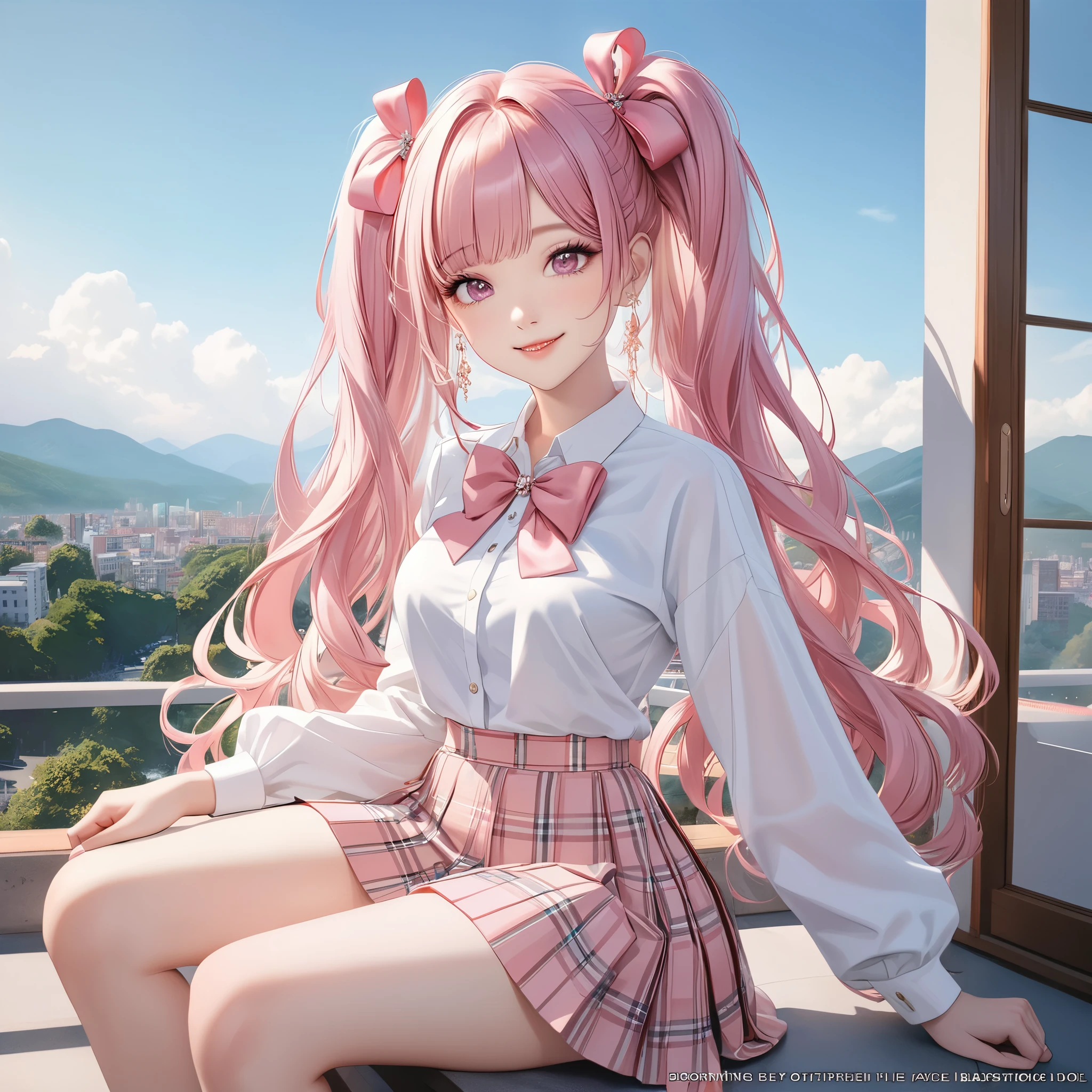 (8K, masutepiece, Highest Quality, Best Quality, Official art, Breathtaking beauty and aesthetics, A highly detailed, The best masterpiece in history that exceeds limits, Breathtaking and beautiful lighting:1.2), (1 Absolute Beautiful Girl, Solo), (sixteen years old), (beautiful detailed face), (shiny white skin), (beautiful detailed pink twin tails hair, Bangs:1.3), (beautiful detailed drooping pink eyes:1.3), (high school uniform), (white shirt, pastel pink Tartan Plaid pleated skirt, patsel pink ribbon:1.3), (Beautiful big bust:1.3), (thighs), (happy smile, Beautiful smile, Gentle smile, cute smile, innocent smile:1.2), (Attractive, amazing, Beautiful, Elegant, Luxurious, magnifica, Happy, Eye-catching, the ultimate beauty, Supreme Beauty, Superlative beauty, Elegant, Graceful, Everyone loves it, Beauty that fascinates everyone, Healed, The highest level of complete beauty, cute like an idol, Stylish like a fashion model, Goddess-like grace, Be loved, cute little, adolable), Look at the camera, cute pose, breathtaking scenery, (ultra detailed realistic Beautiful high school study, blue sky, morning:1.3),
