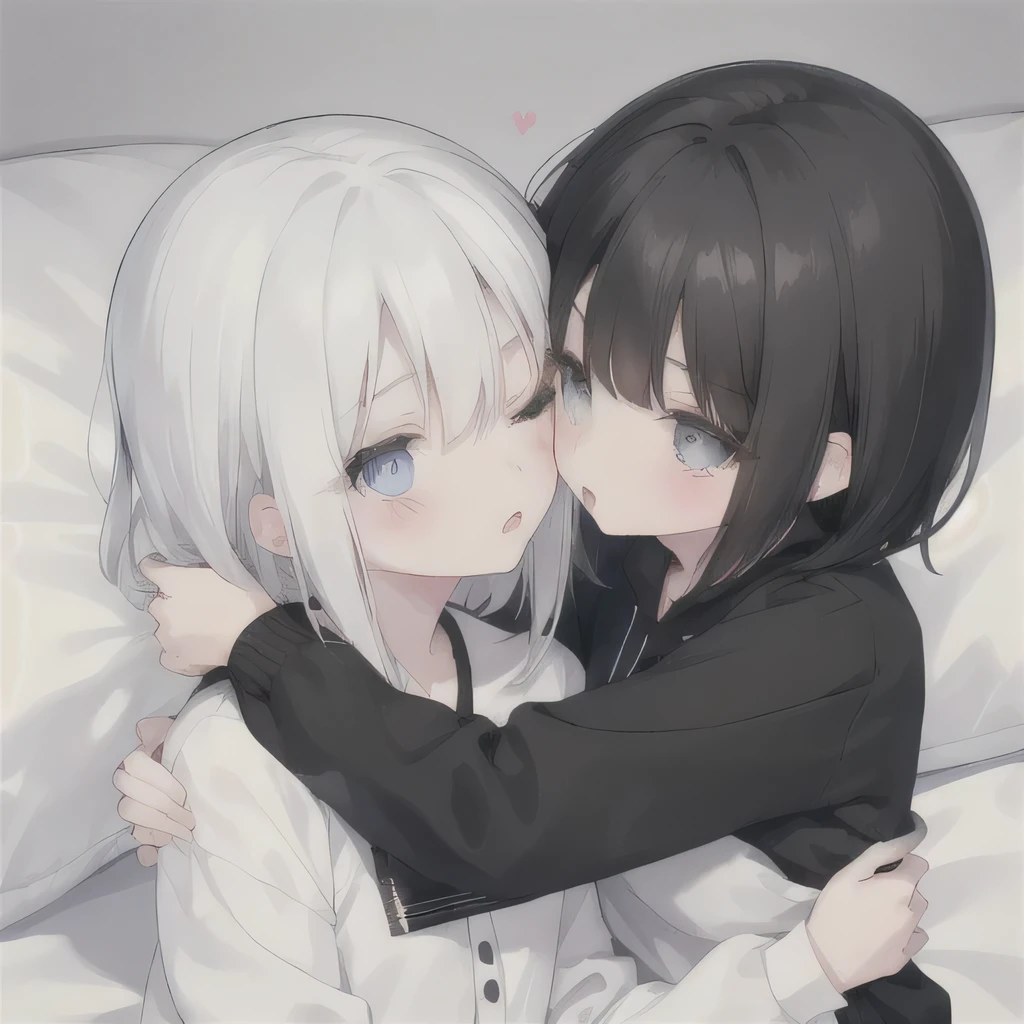 2 girls，Girl 1：Lovely，Black hair，short black hair，White，White dress，girl 2：Lovely，White hair，Long gray hair，White，White dress，kiss forehead hug，on the bed