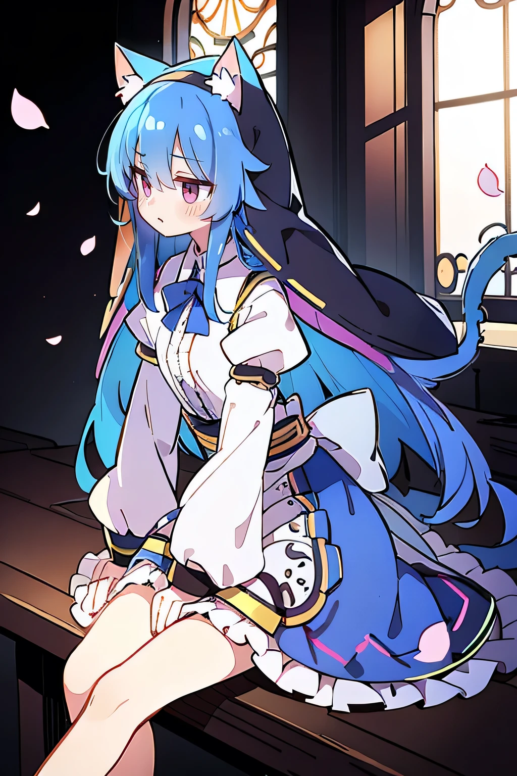 (masterpiece:1.2),Extremely detailed,Practical,expressive eyes,Fair skin,Perfect face shaping,1 Girl,
Japanese cartoons,Gorgeous blue hair, the long flowing blue hair,Floating clothes,Cat ears,Petals fall,beautiful lola,Young Angel,
Place your hands on your waist,sit elegantly on the ground,Cross your legs,Gentle and peaceful background,stately church,nun.