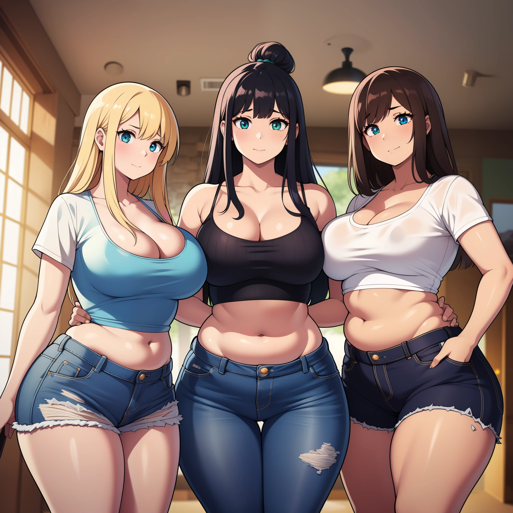 ((highres)), Masterpiece, high quality, best quality, beautiful, perfect lighting, detailed face, ultra cute face, (((3girls))), one girl has blonde hair, blue eyes, crop top and shorts skindentation, one girl has brown hair, green eyes, jeans, white shirt, tight clothes, one girl has, Short black hair, brown eyes, crop top and shorts full body, fast food restaurant, cleavage, medium breasts, ((wide hips)), ((thick thighs)), ((plump)), chubby belly, fat folds, belly hang, standing, touching each other,