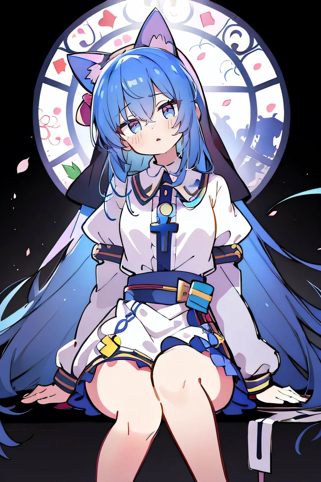 (masterpiece:1.2),Extremely detailed,Practical,expressive eyes,Fair skin,Perfect face shaping,1 Girl,
Japanese cartoons,Gorgeous blue hair, the long flowing blue hair,Floating clothes,Cat ears,Petals fall,beautiful lola,Young Angel,
Place your hands on your waist,sit elegantly on the ground,Cross your legs,Gentle and peaceful background,stately church,nun.