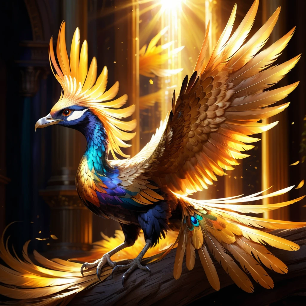 phenix,illustration,detailed feathers,radiant colors,graceful pose,mystical atmosphere,sharp focus,masterpiece:1.2(detailed eyes,detailed beak,vibrant plumage,colorful wings,glowing tail feathers,floating in midair,elegant neck and body,magical surroundings,golden sunlight,ethereal glow)