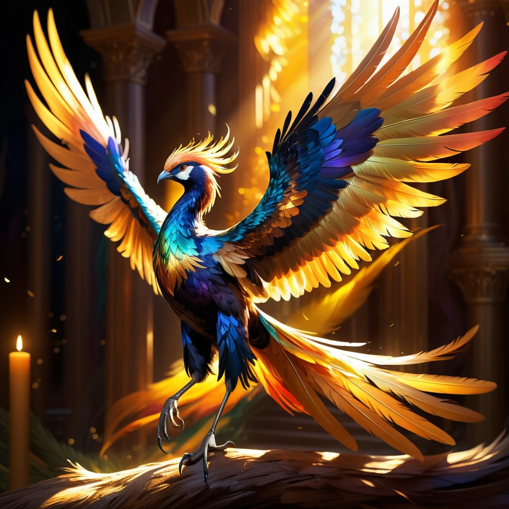 phenix,illustration,detailed feathers,radiant colors,graceful pose,mystical atmosphere,sharp focus,masterpiece:1.2(detailed eyes,detailed beak,vibrant plumage,colorful wings,glowing tail feathers,floating in midair,elegant neck and body,magical surroundings,golden sunlight,ethereal glow)