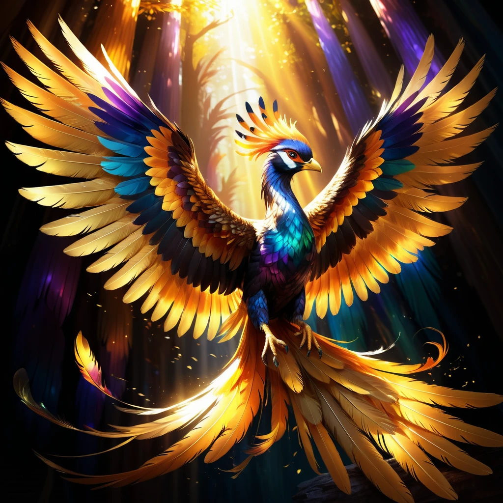 phenix,illustration,detailed feathers,radiant colors,graceful pose,mystical atmosphere,sharp focus,masterpiece:1.2(detailed eyes,detailed beak,vibrant plumage,colorful wings,glowing tail feathers,floating in midair,elegant neck and body,magical surroundings,golden sunlight,ethereal glow)