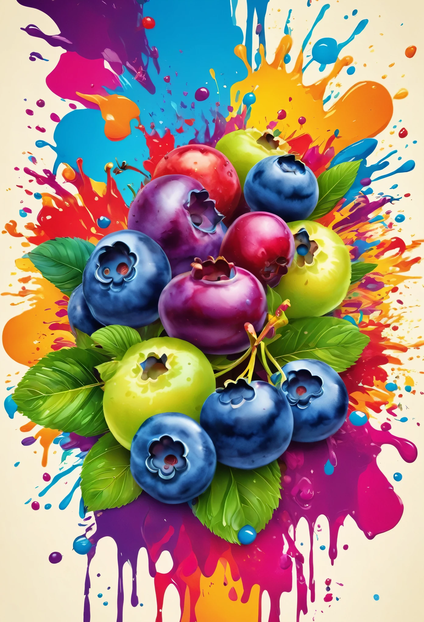 Vector Art, With lots of blueberry colorful illustrations, In the center, Vibrant colors, Paint splatters and stains, High Detail,Hawaiian style background
