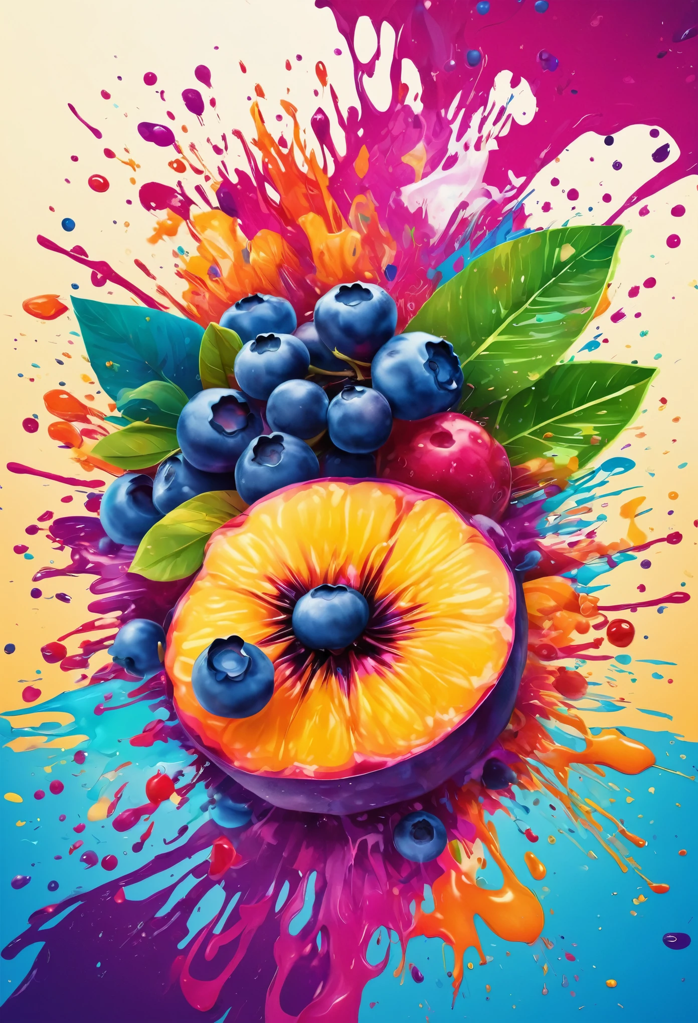 Vector Art, With lots of blueberry colorful illustrations, In the center, Vibrant colors, Paint splatters and stains, High Detail,Hawaiian style background