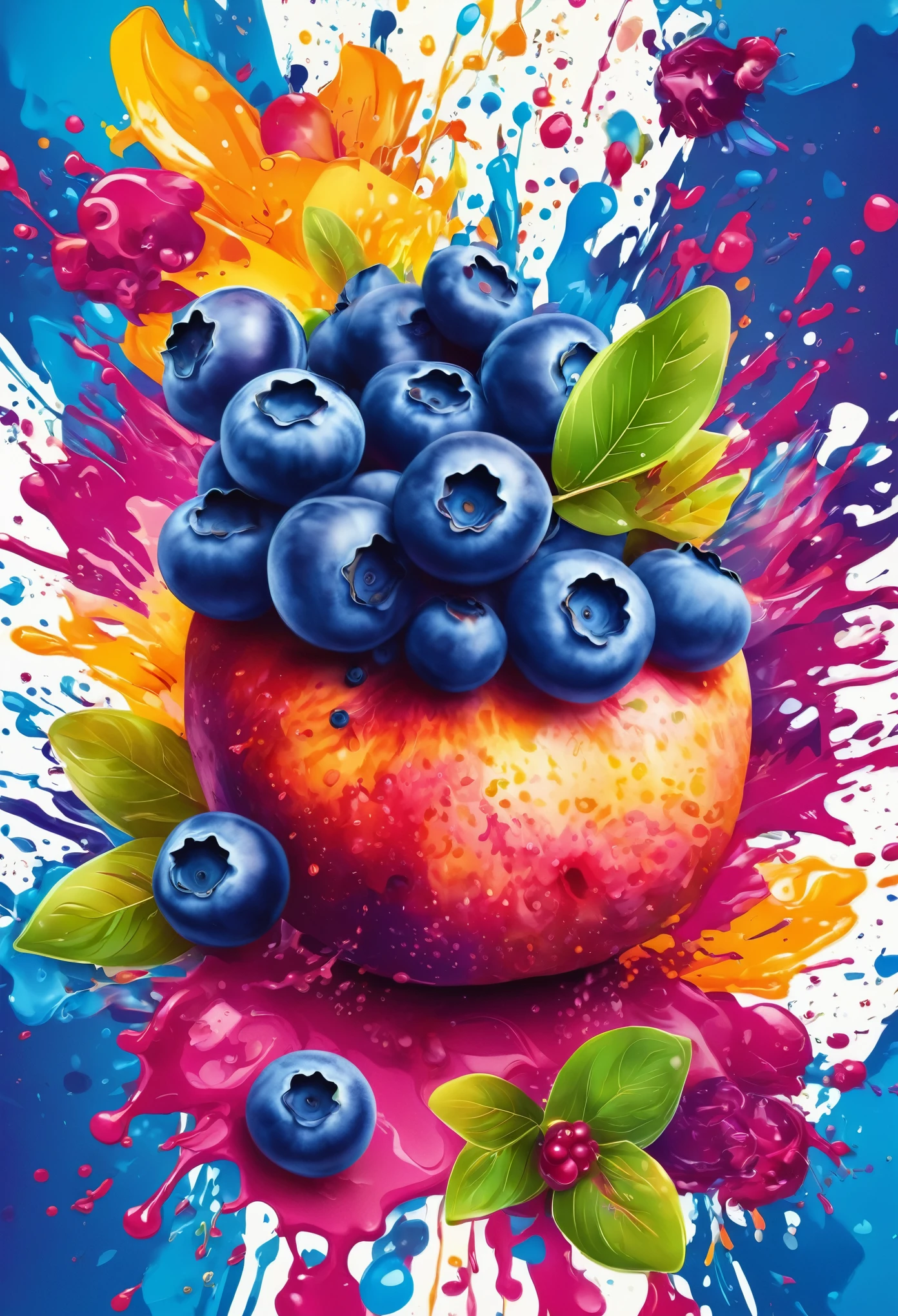Vector Art, With lots of blueberry colorful illustrations, In the center, Vibrant colors, Paint splatters and stains, High Detail,Hawaiian style background

