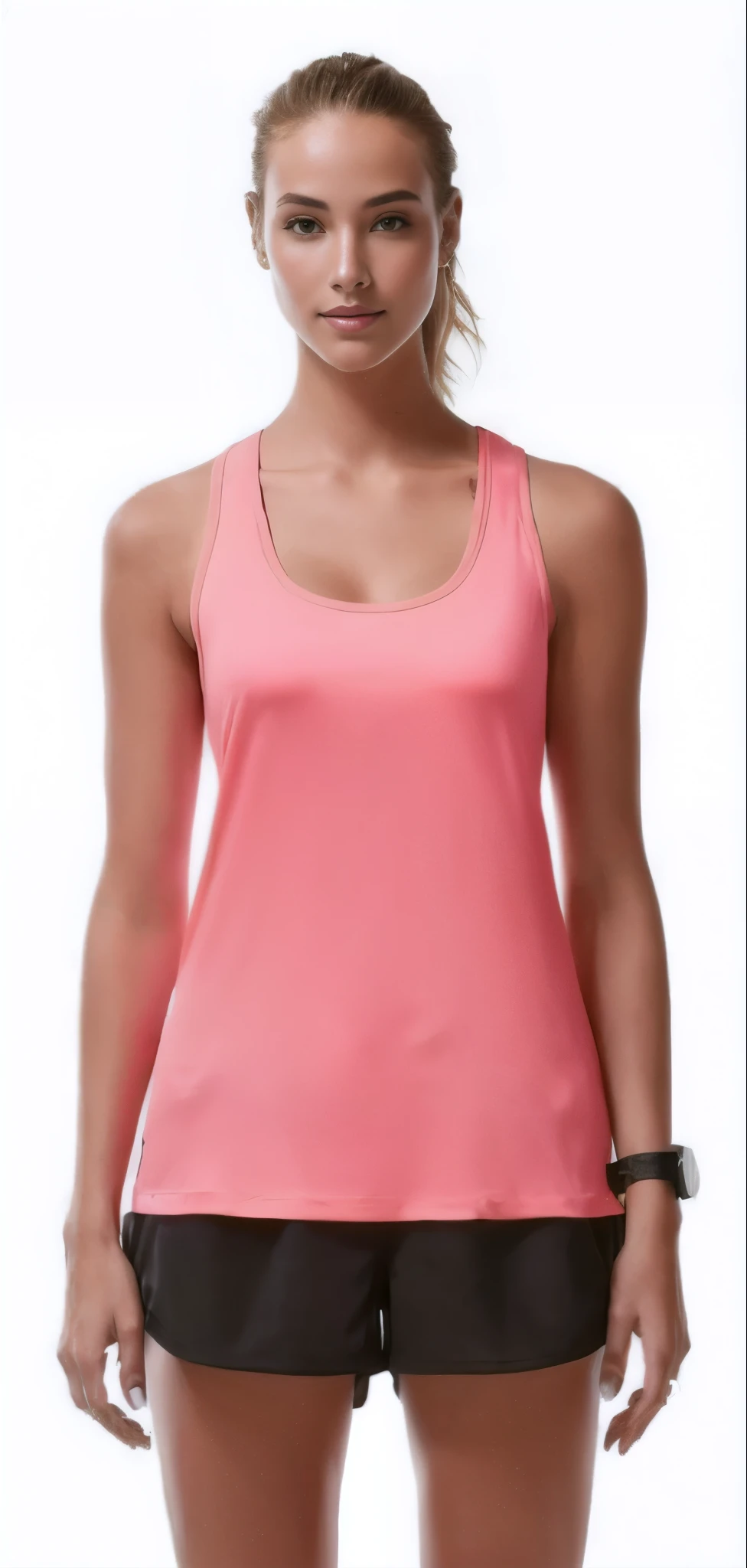 a woman in a pink regata and black shorts, tops sem mangas, regata, regata, tight fitted regata, coral vermelho, Vestindo regata, roupas esportivas, Vestindo a regata, Vestindo : regata, halter neck, coral, top rosa, roupas esportivas, Vestindo regata, Rosa neon, model is Vestindo techtical vest