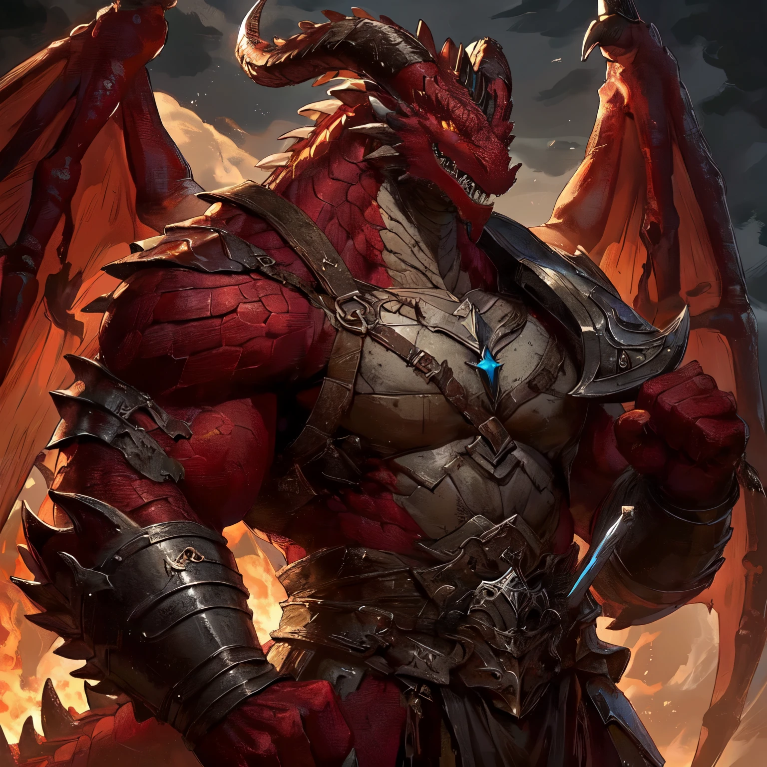 a close up of a red dragon with a sword and armor, red demon armor, dragon knight, red dragon, hyperrealistic d & d fantasy art, muscled humanoid balrog demon, draconic looking armor, demonic dragon inspired armor, epic dragon, d & d fantasy digital art, 4k fantasy art, ruler of inferno, dungeons and dragons fantasy art, NSFW, Vore, Vore POV, VORE, vore, vore, vore, vore belly, big belly, pred,