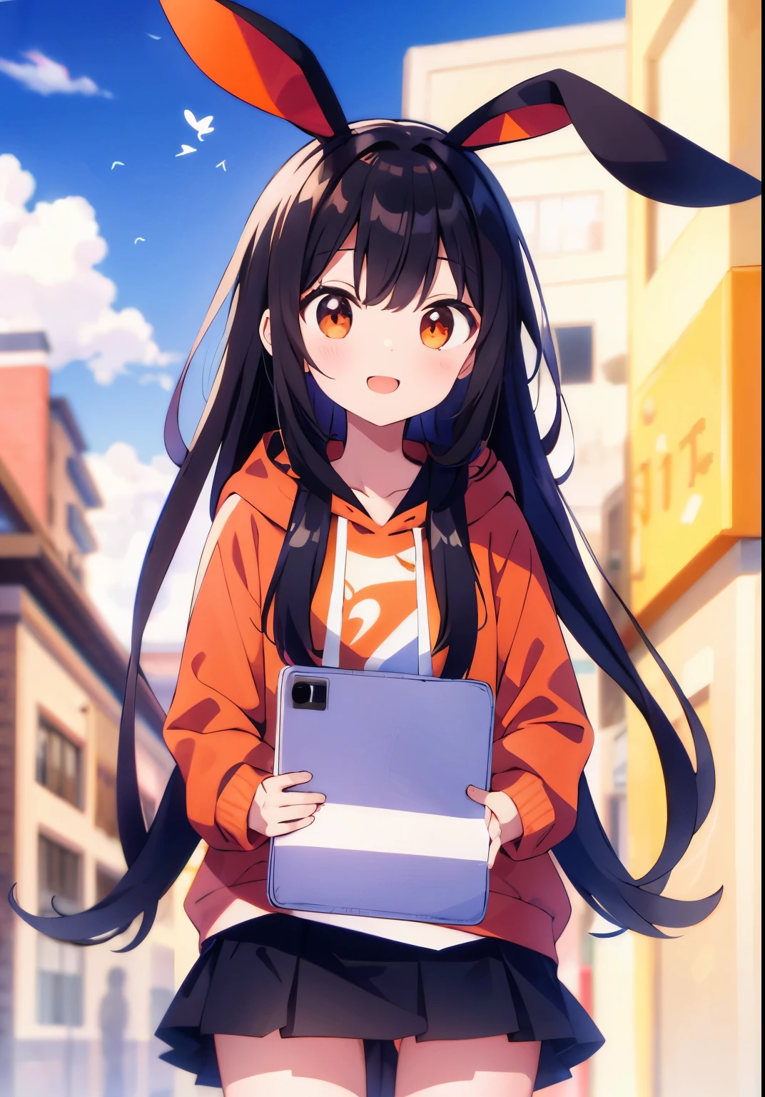 Bunny ears, black hair, elementary school student, long hair, orange hoodie