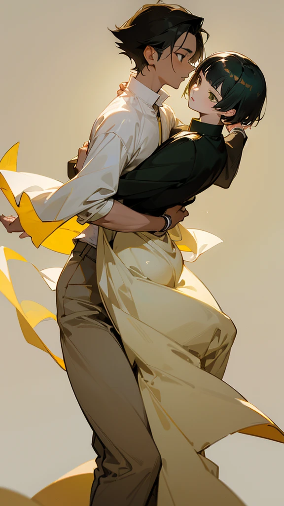 Portrait of Two young men dancing ,one is white short haircut and green eyes and soft looking and white skin tone,the other is taller and black hair and yellowish brown eyes ,smooth lines draw,without any sexy view