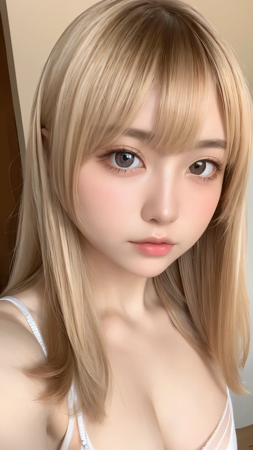 see through,Beautiful and fair、Radiant Skin, 3 Up, Gorgeous, bright, Refreshing and gentle expression, Perfect beautiful face、Beautiful shiny bangs, A very beautiful girl, Eyeliner, Very perfect eyes,Very large breasts,Grooves reveal original skin,Muscular body,Fawn Underwear,blonde