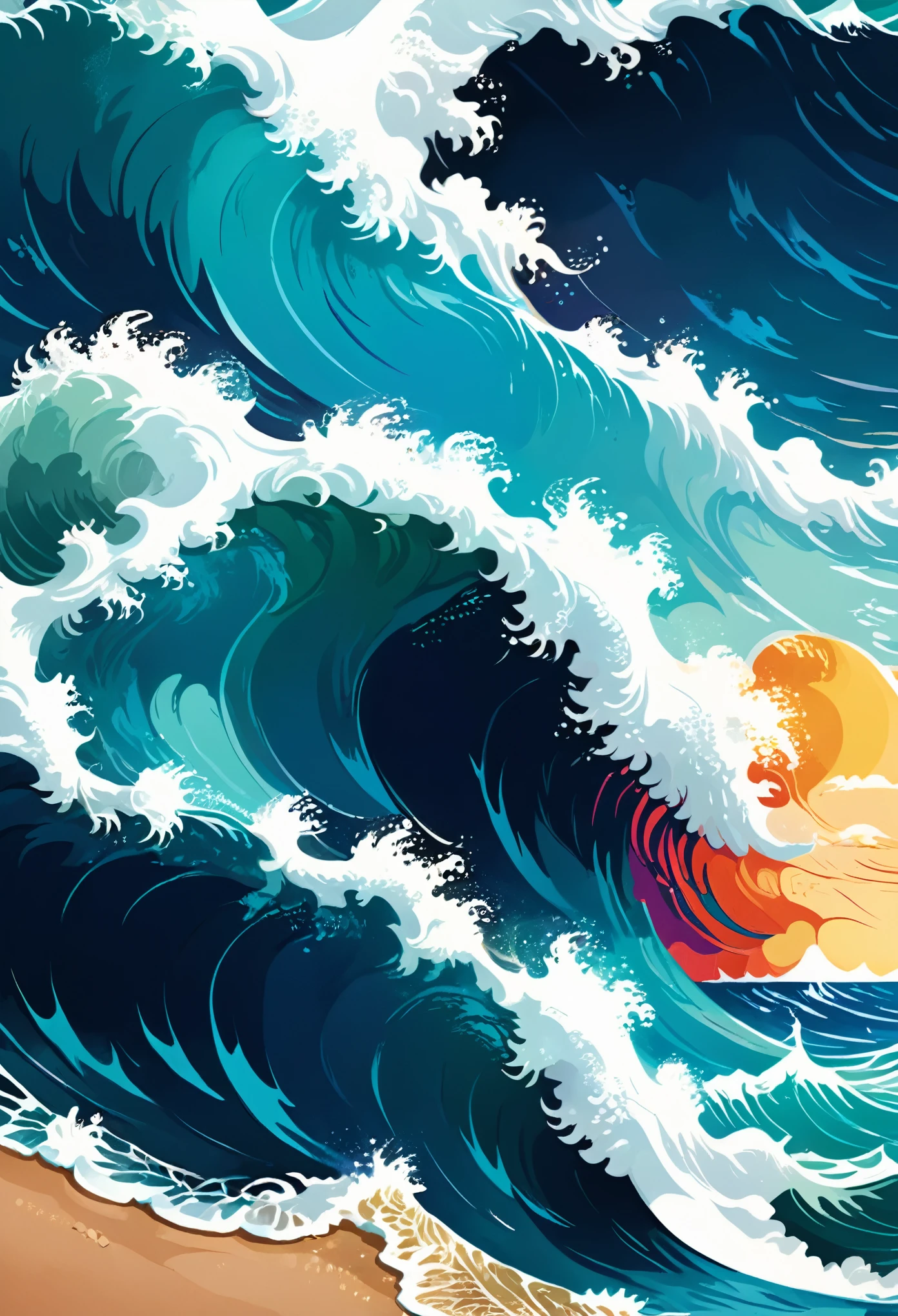 Vector Art, Colorful illustration with lots of ocean waves, Vibrant colors, High Detail,(masterpiece, best quality, professional, perfect composition, very aesthetic, absurd, Super detailed, Intricate details:1.3)