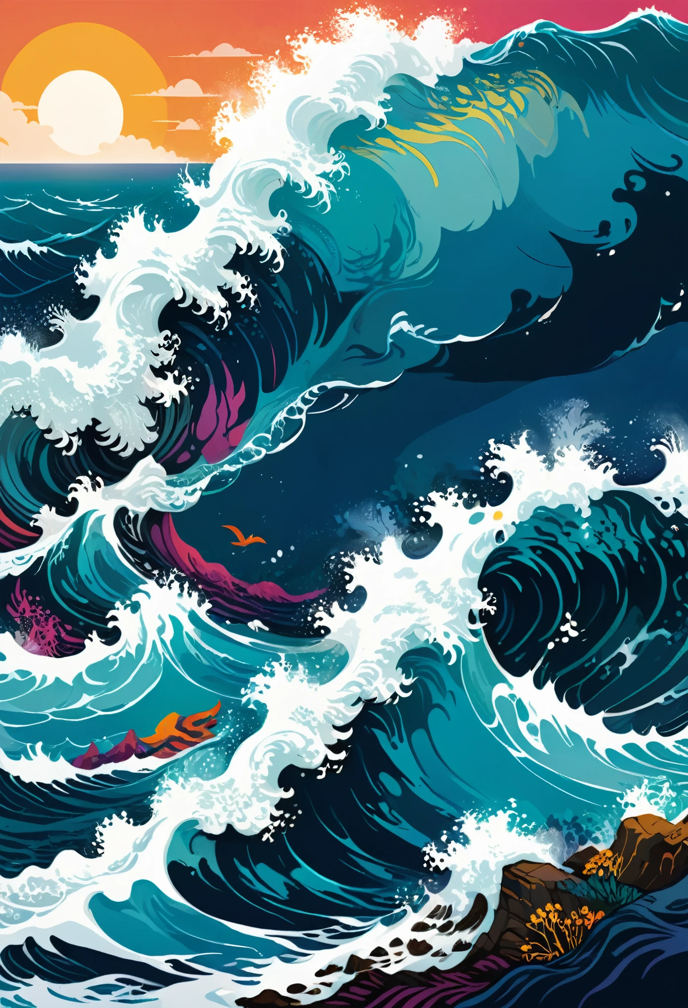 Vector Art, Colorful illustration with lots of ocean waves, Vibrant colors, High Detail,(masterpiece, best quality, professional, perfect composition, very aesthetic, absurd, Super detailed, Intricate details:1.3)