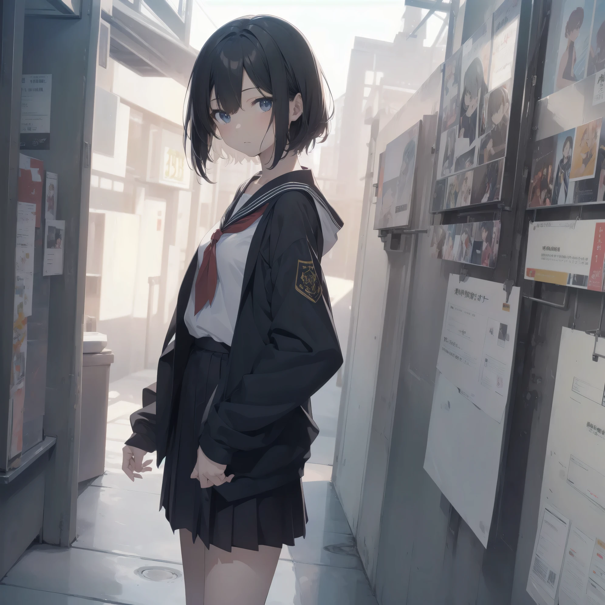 ultra-absurdres-Top quality by artist God, ultra-detailed, high resolution, anime moe artstyle, best anime 8k konachan wallpaper, pixiv contest winner, pool:2810, perfect anatomy,break, 1girl, (Please draw a girl walking sleepily to school alone. )break,(Solo,little female, 13-year-old:1.3),Full limbs, complete fingers,a junior high school student, (very short hair), short cut, flat chest, , small butt, small black eyes, beautiful detailed eyes, well-proportioned iris and pupils, expressive eyes, highres detailed hair, soft expression, salor school_uniform, sailor collar, serahuku, bow, pleated skirt,(Detailed Lighting), (Detailed background), in the School commute route. break,super detailed skin, Best cinematic lighting powered by famous artist, 8k,beauty illustration,photoshop_(medium),very aesthetic,break,((artist:abubu )), artist:clamp ,artist:carnelian ,artist:kantoku ,