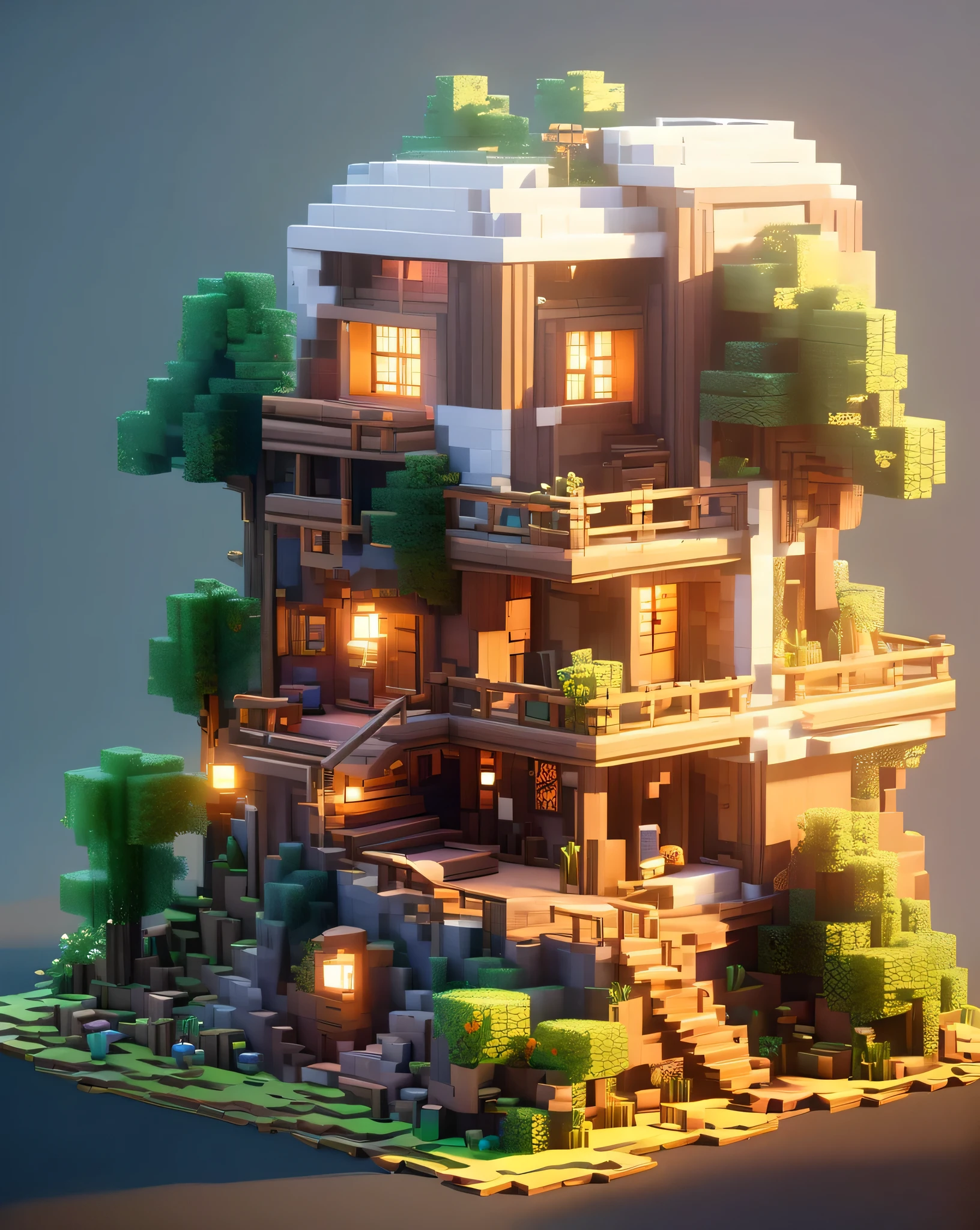 Blocky and pixelated aesthetic,pixel art,4k,realistic,game CG rendering,nature light,shadows,minecraft,tree house