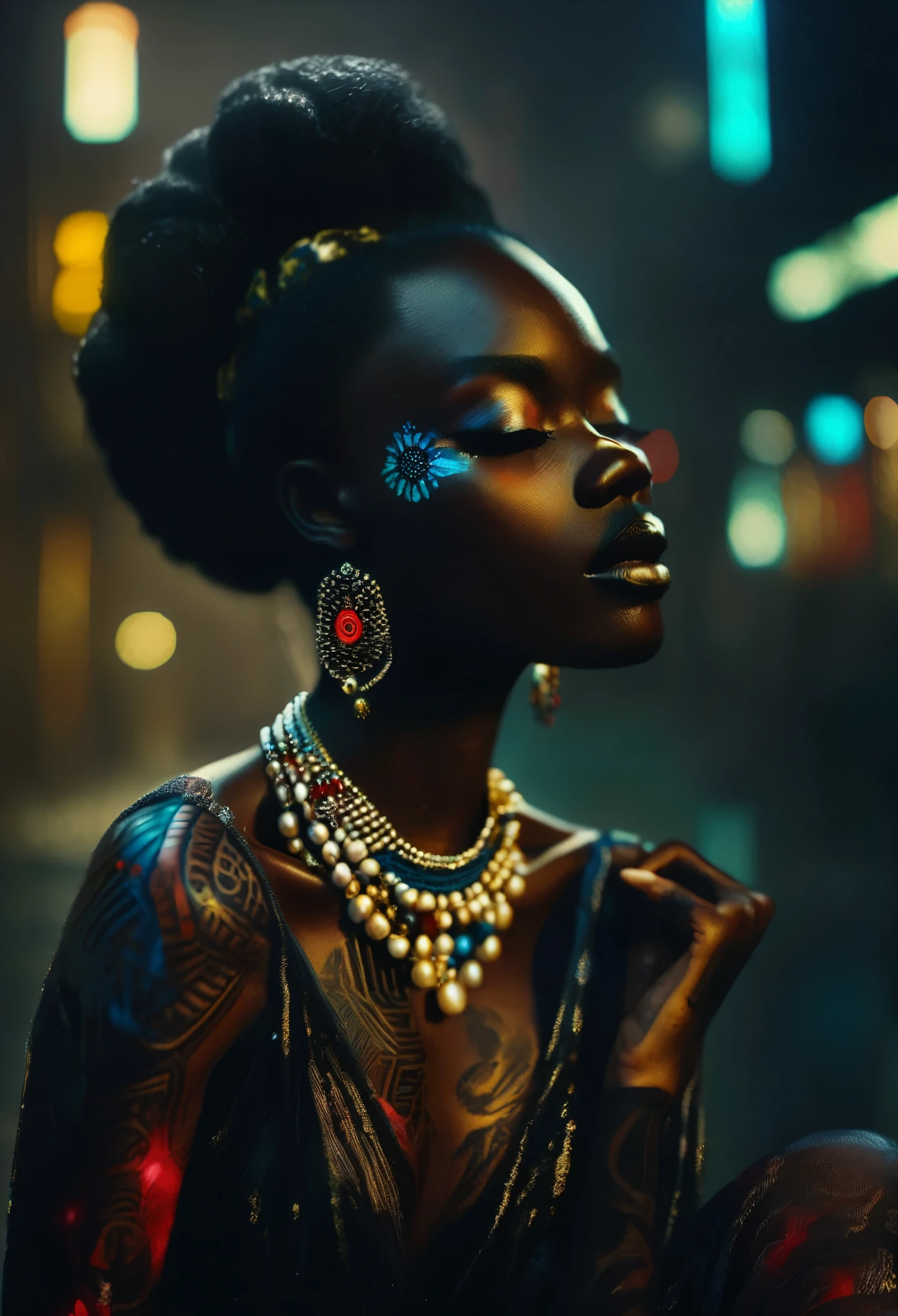 4D portrait of a full body image of a Black woman dressed in African designed clothes with neon lit glowing red and blue tattoos, with tattoos lighting the scene, a yellow fog atmosphere in the scene, dim lit scene with only the tattoos shining in the scene, In the background of the city, Oil Painting, 3/4 Profile view, gorgeous African designed pearl necklace, Luxurious fabrics, detailed embroidery, Moody chiaroscuro lighting, hight resolution