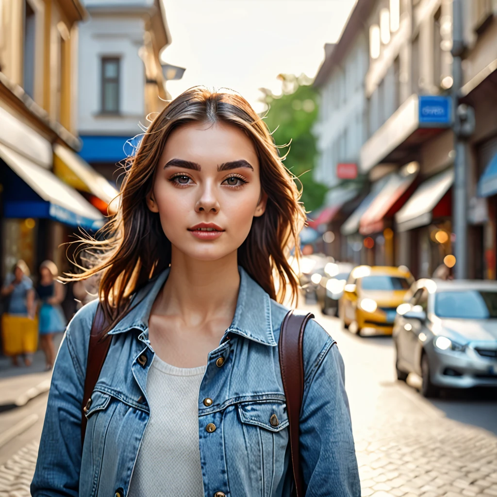 A young woman standing on the street, blur background, beatiful, photorealistic