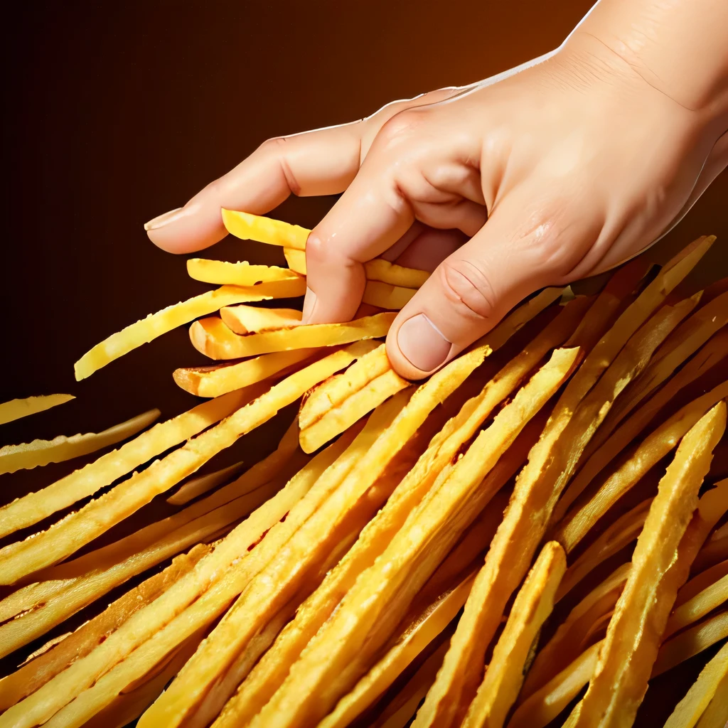 (the french fries take on the apprearance of a fingers), abstract, distorted reality, Illusion, yellow-brown tone, illustration